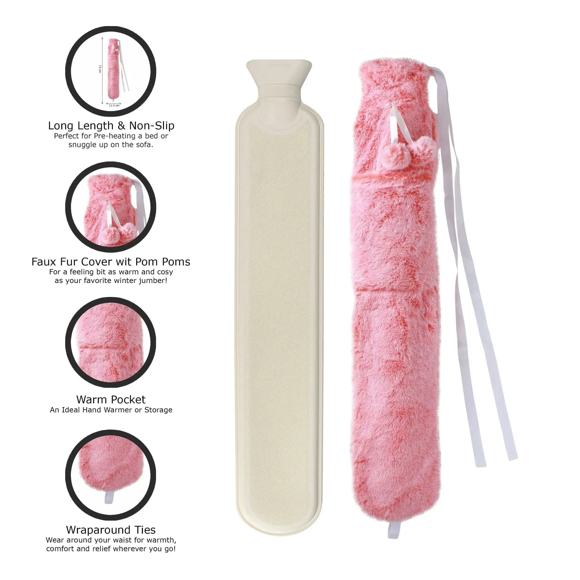 2L Long Hot Water Bottle With Plush Cover & Pompoms