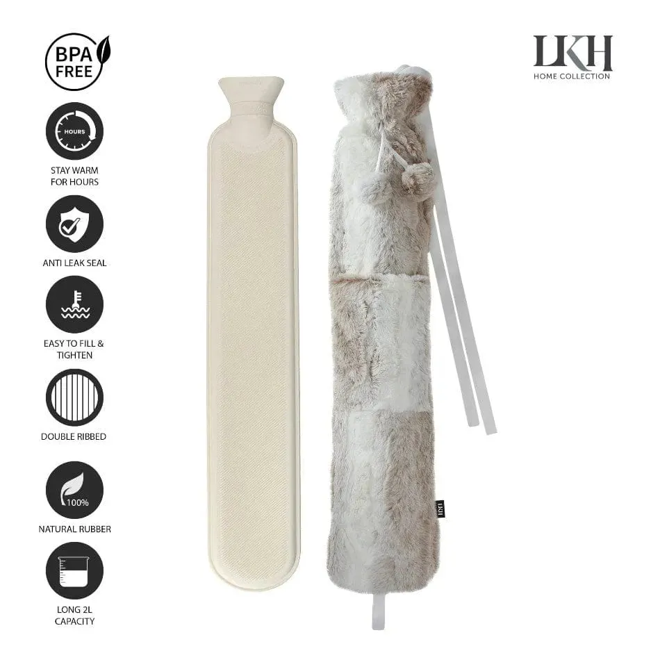 2L Long Hot Water Bottle With Plush Cover & Pompoms