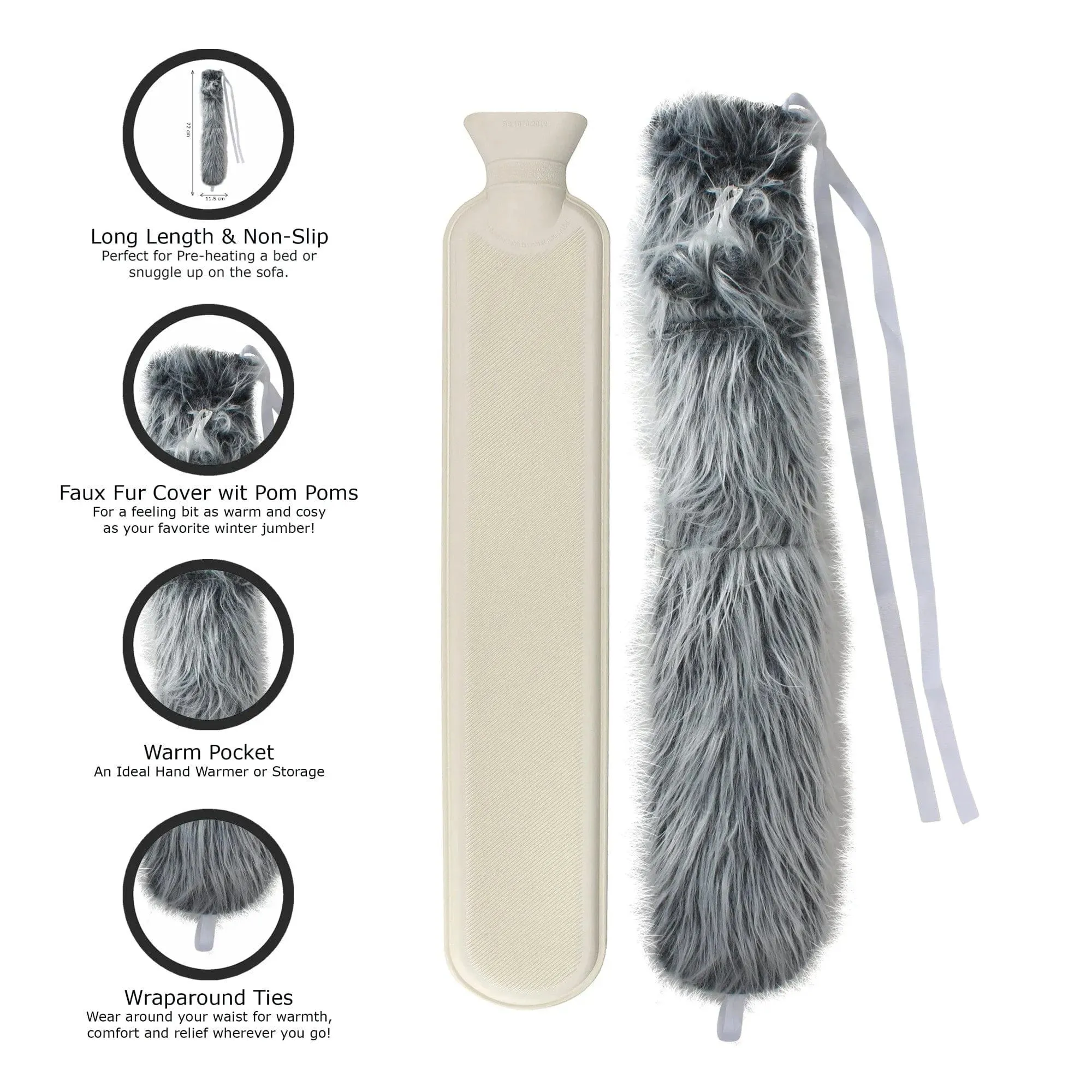 2L Long Hot Water Bottle With Plush Cover & Pompoms