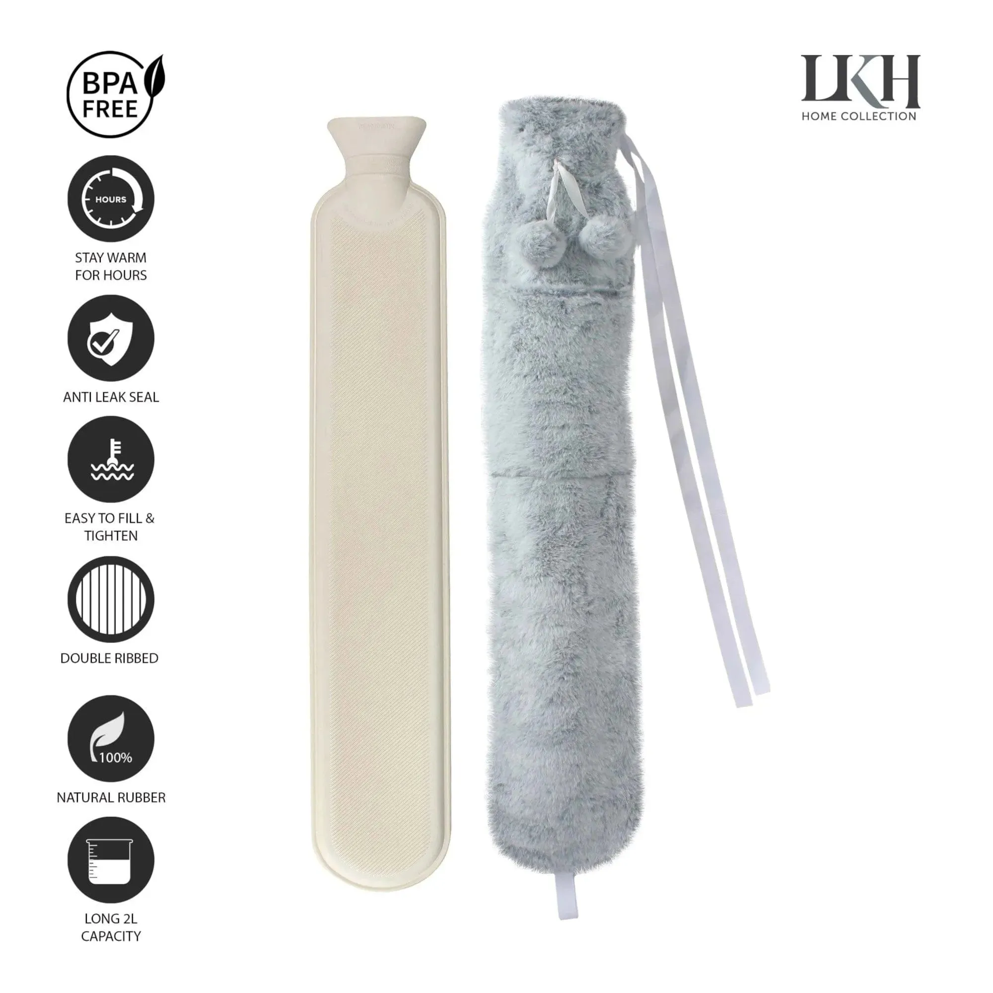 2L Long Hot Water Bottle With Plush Cover & Pompoms