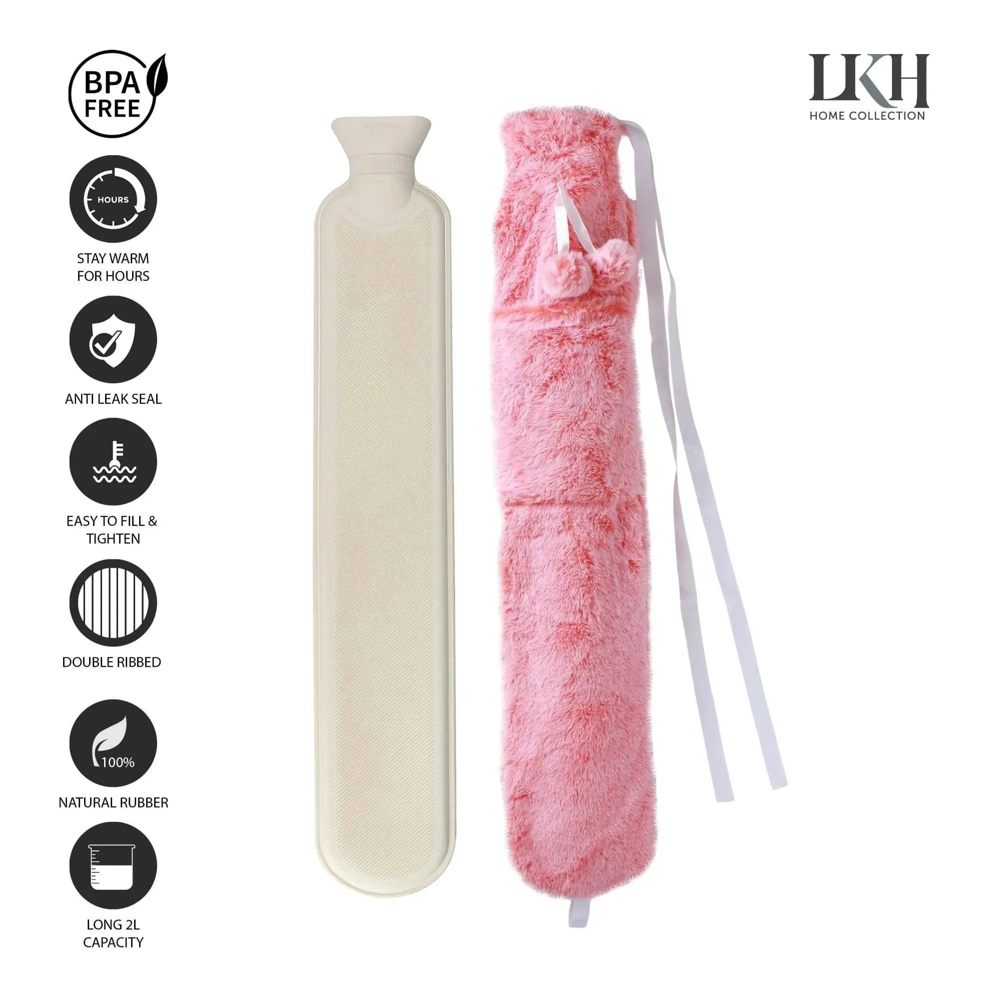 2L Long Hot Water Bottle With Plush Cover & Pompoms