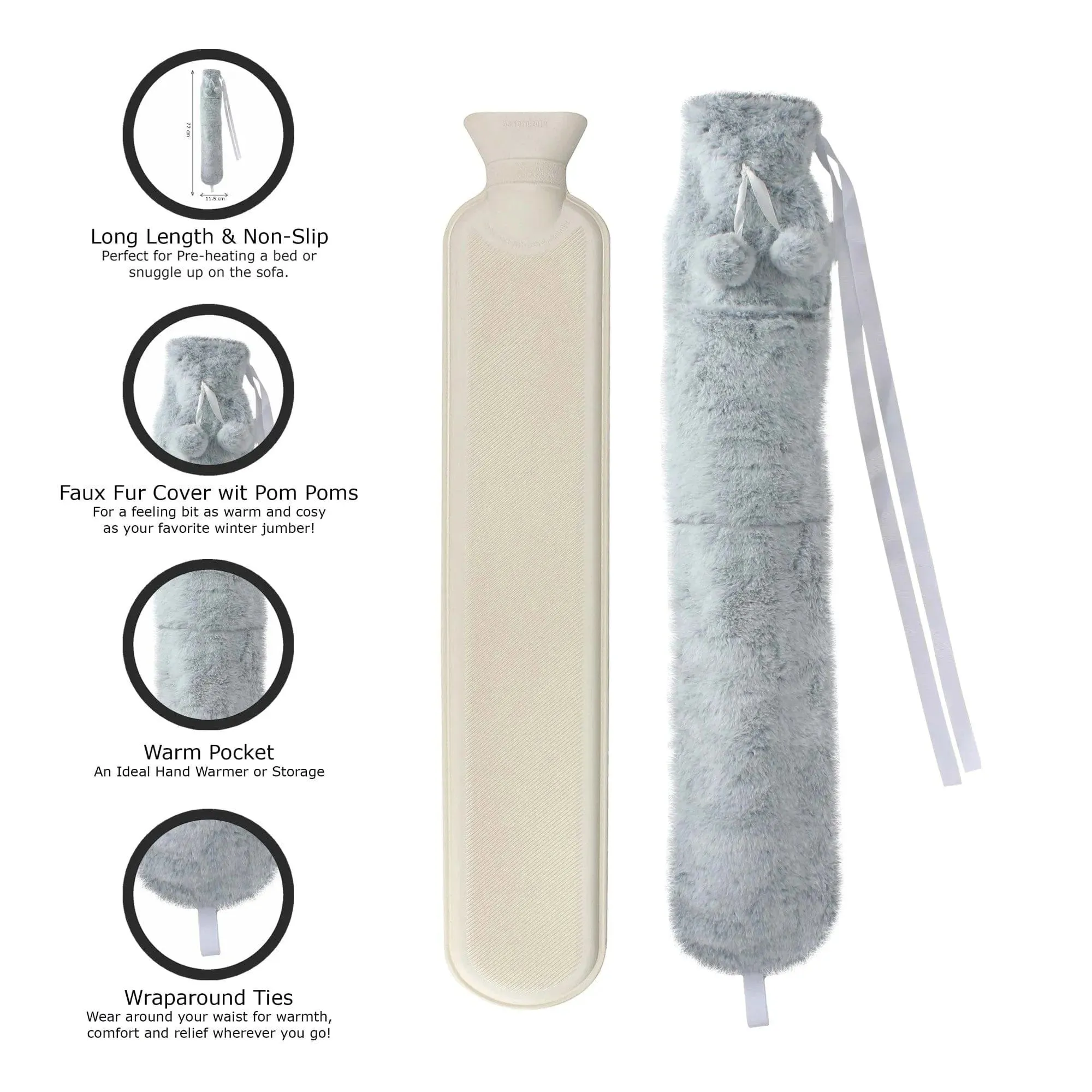 2L Long Hot Water Bottle With Plush Cover & Pompoms