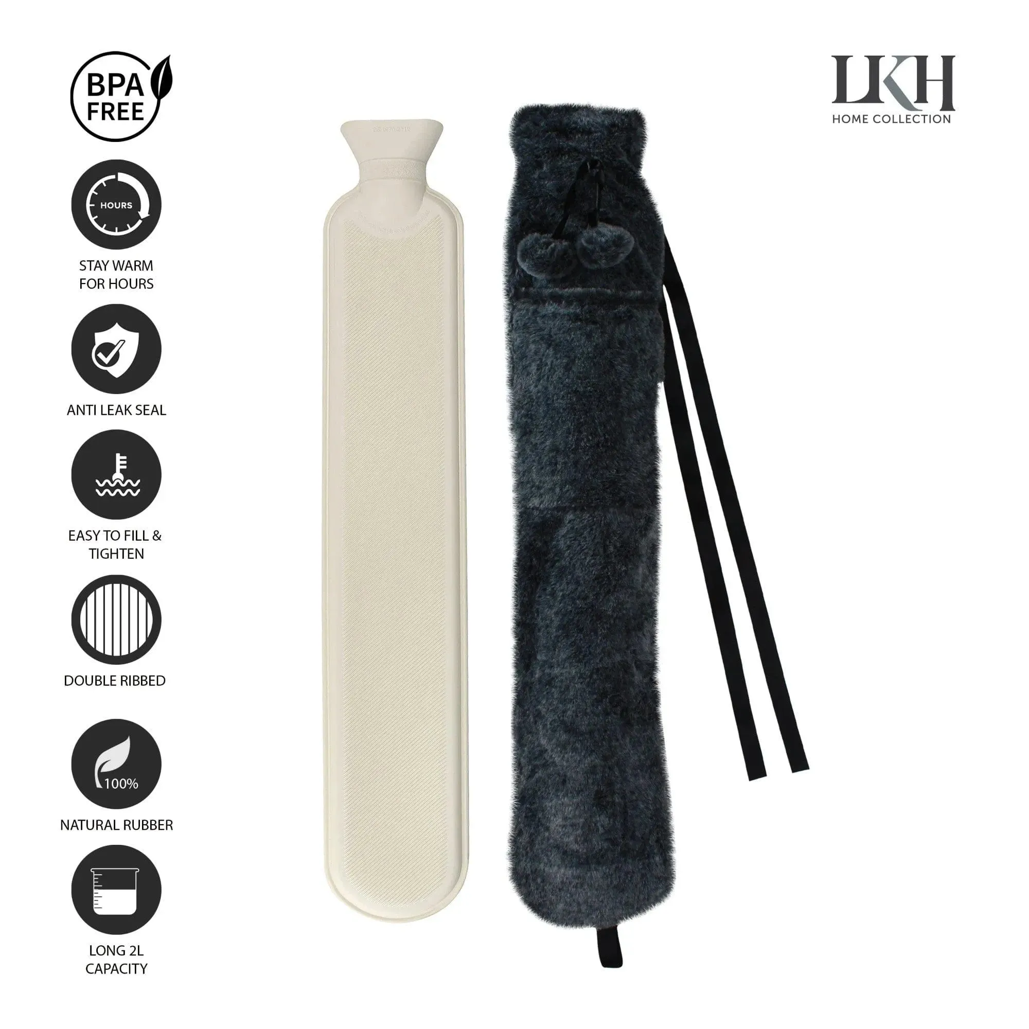 2L Long Hot Water Bottle With Plush Cover & Pompoms