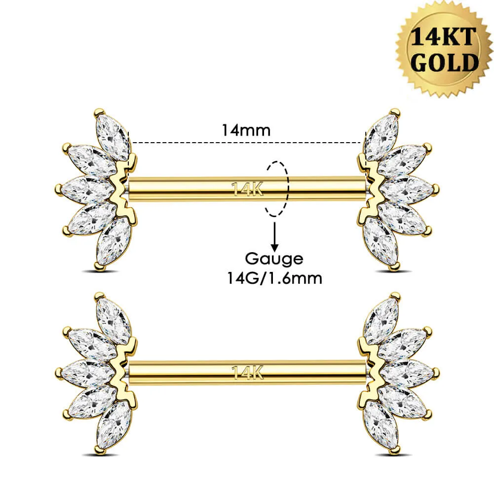 2Pcs 14K Solid Gold Push Pin Marquise CZ Nipple Barbell Set