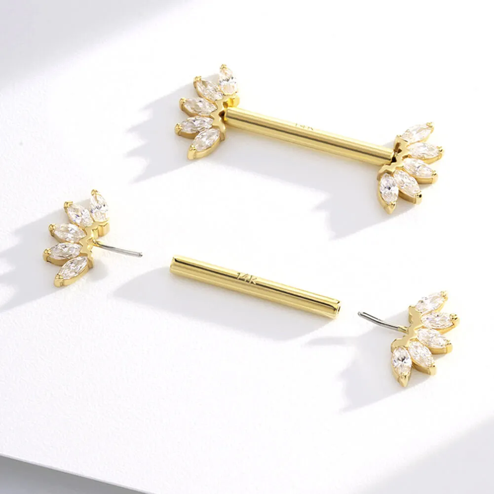 2Pcs 14K Solid Gold Push Pin Marquise CZ Nipple Barbell Set