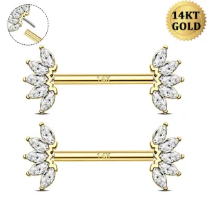 2Pcs 14K Solid Gold Push Pin Marquise CZ Nipple Barbell Set