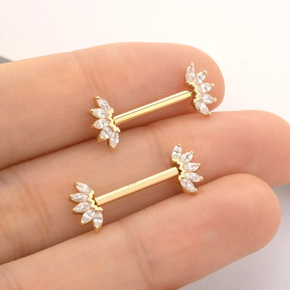 2Pcs 14K Solid Gold Push Pin Marquise CZ Nipple Barbell Set