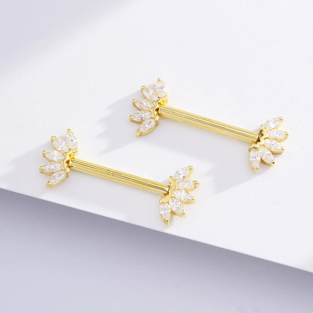 2Pcs 14K Solid Gold Push Pin Marquise CZ Nipple Barbell Set