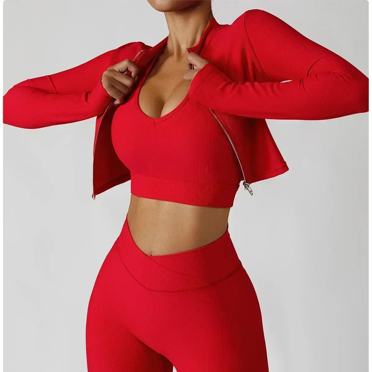 3-Piece Women's Tracksuit Set - Jacket, Sports Bra, and Leggings