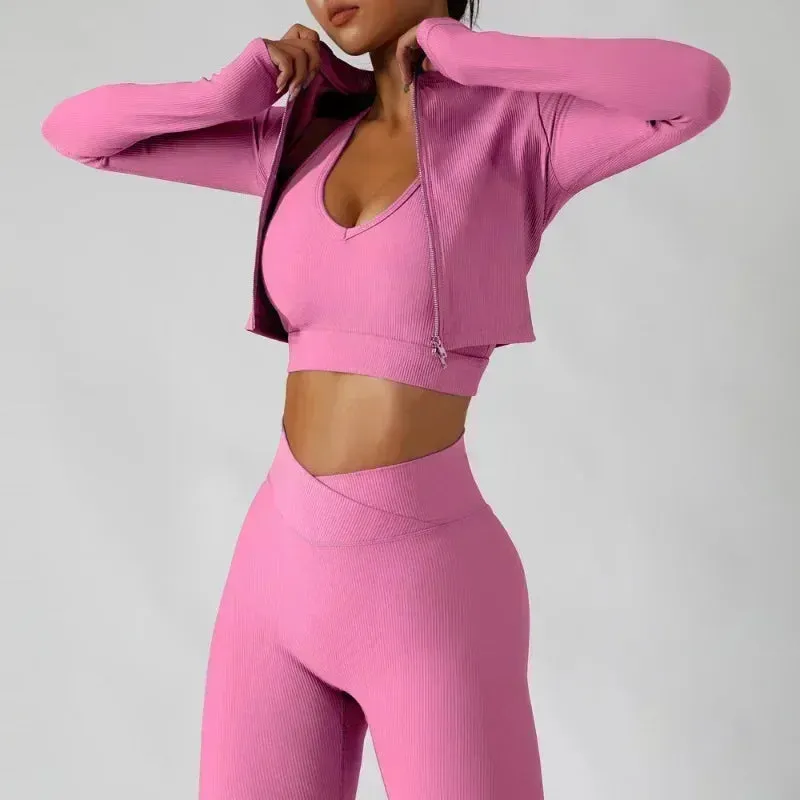 3-Piece Women's Tracksuit Set - Jacket, Sports Bra, and Leggings