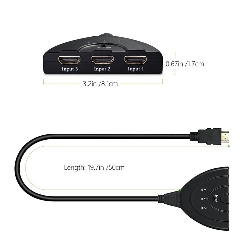 3 Port HDMI Cable Switch for Electronics