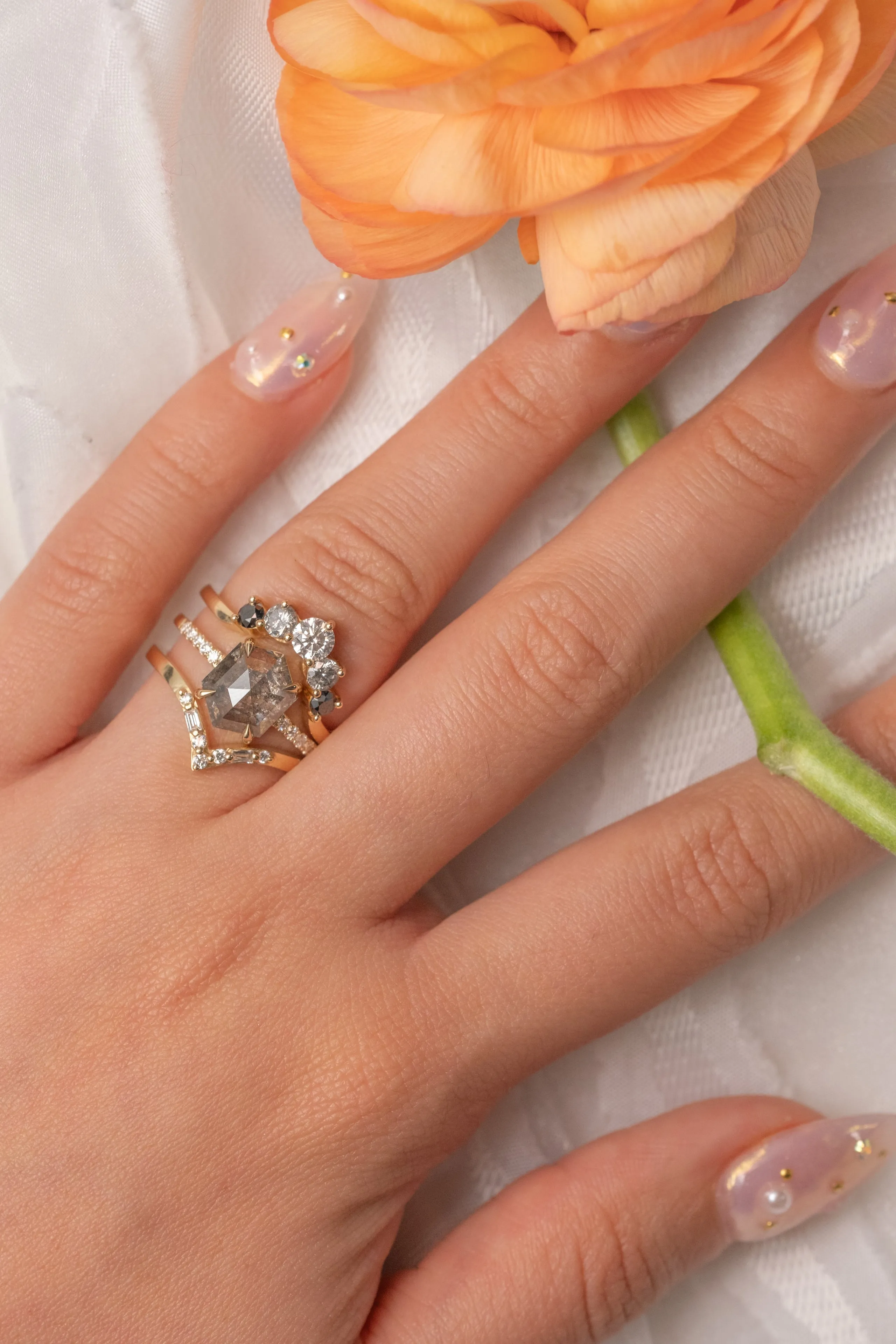 3.11 Carat Salt and Pepper Hexagon Diamond Engagement Ring, Jules Setting, 14K Yellow Gold