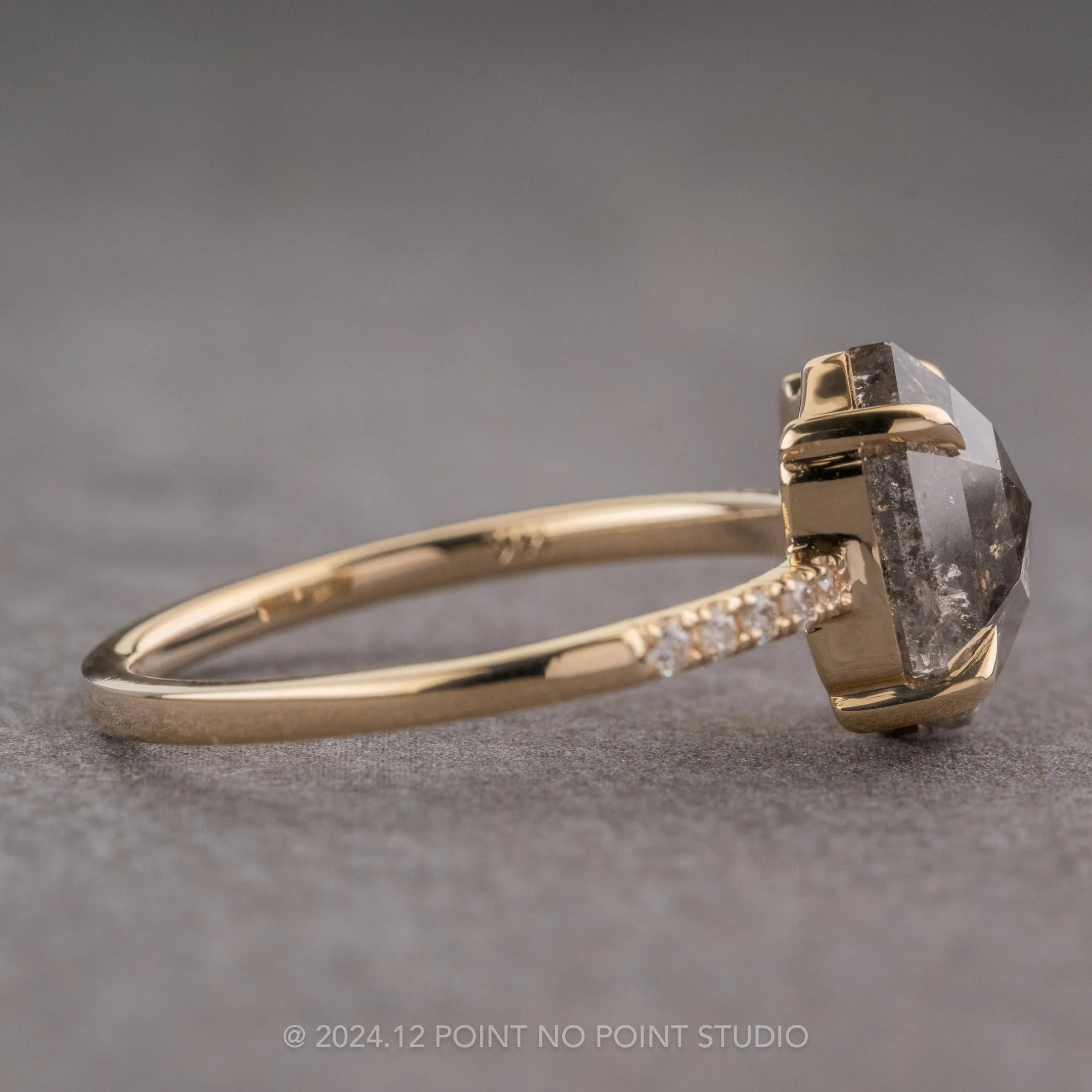 3.11 Carat Salt and Pepper Hexagon Diamond Engagement Ring, Jules Setting, 14K Yellow Gold