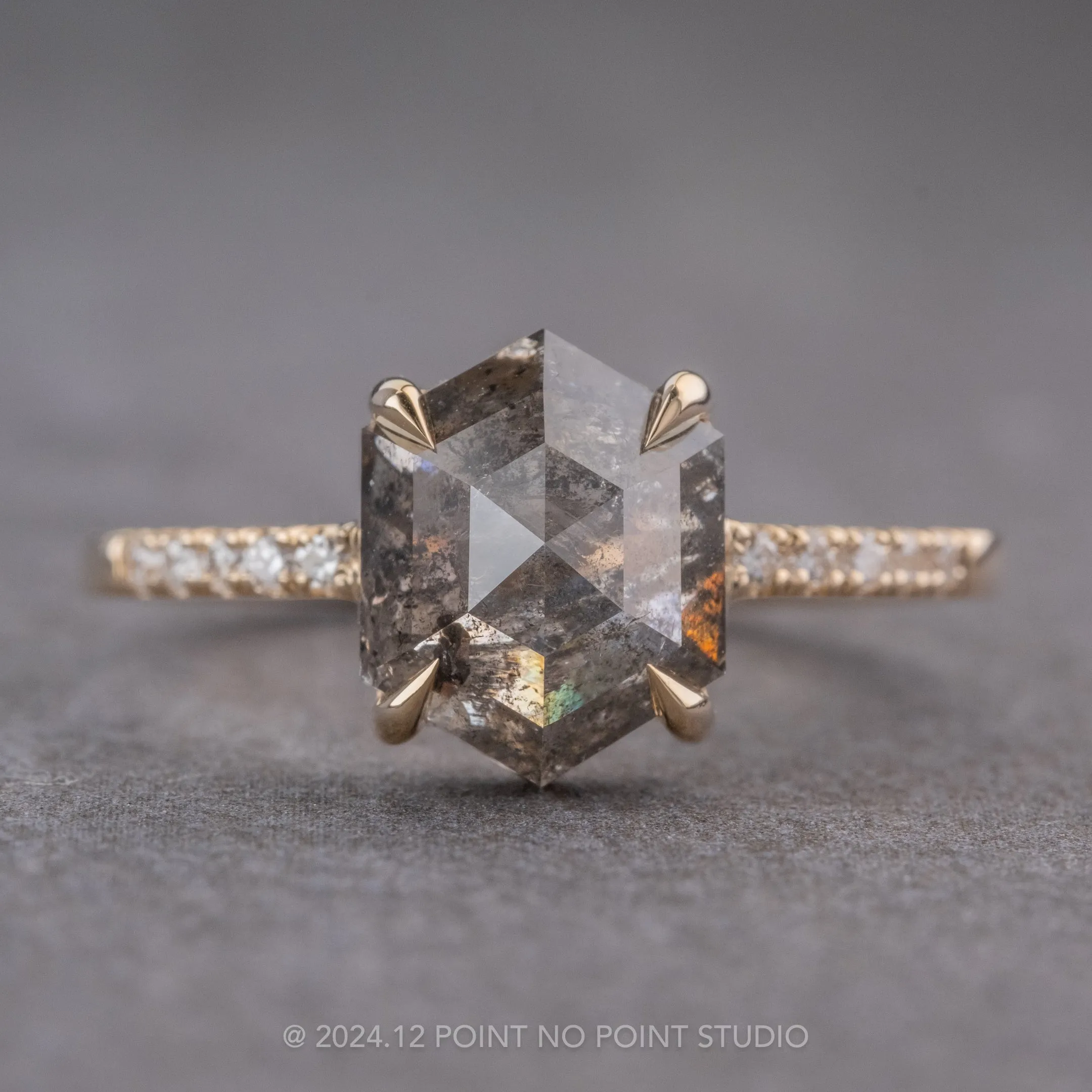 3.11 Carat Salt and Pepper Hexagon Diamond Engagement Ring, Jules Setting, 14K Yellow Gold