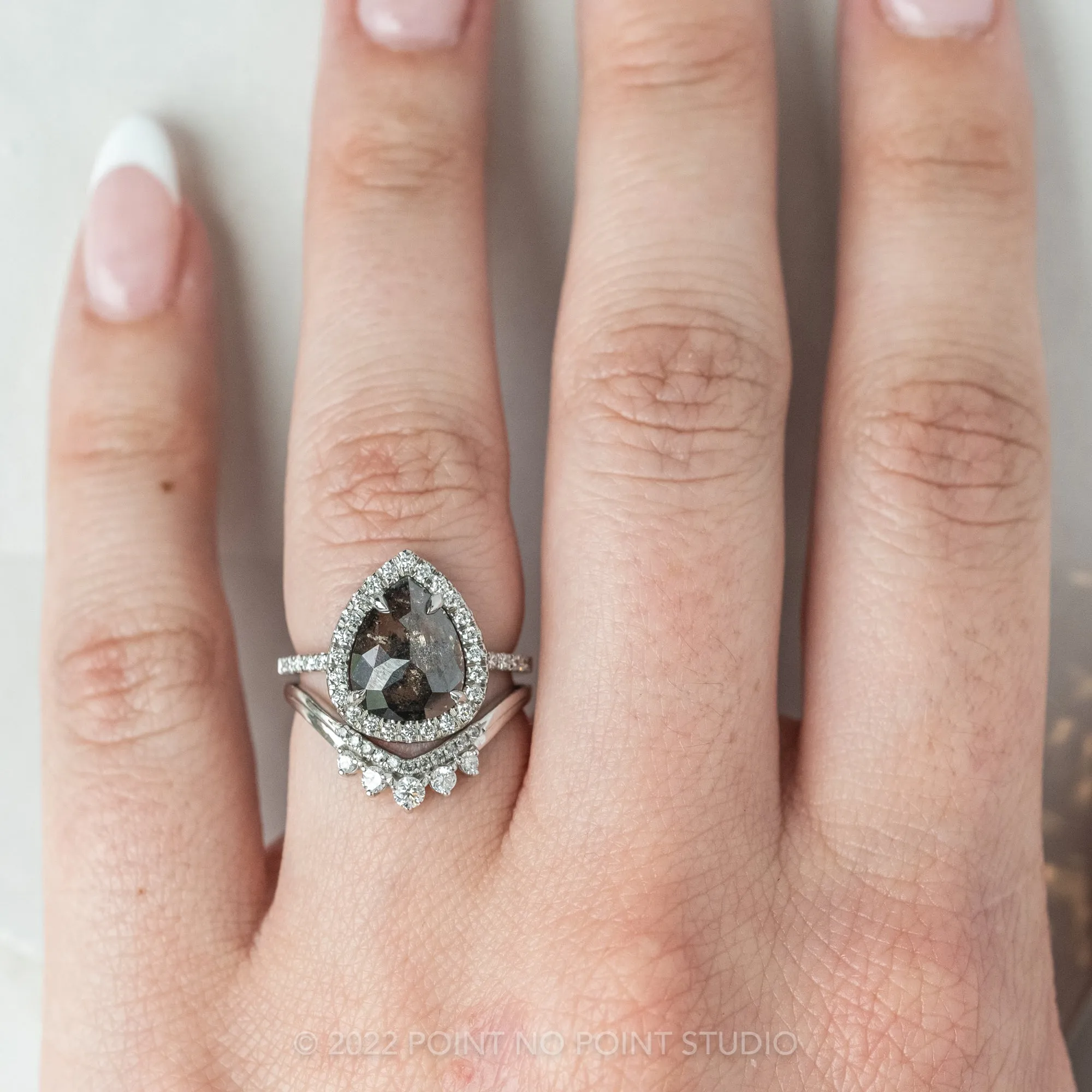 3.20 Carat Black Speckled Pear Diamond Engagement Ring, Fiona Setting, 14K White Gold