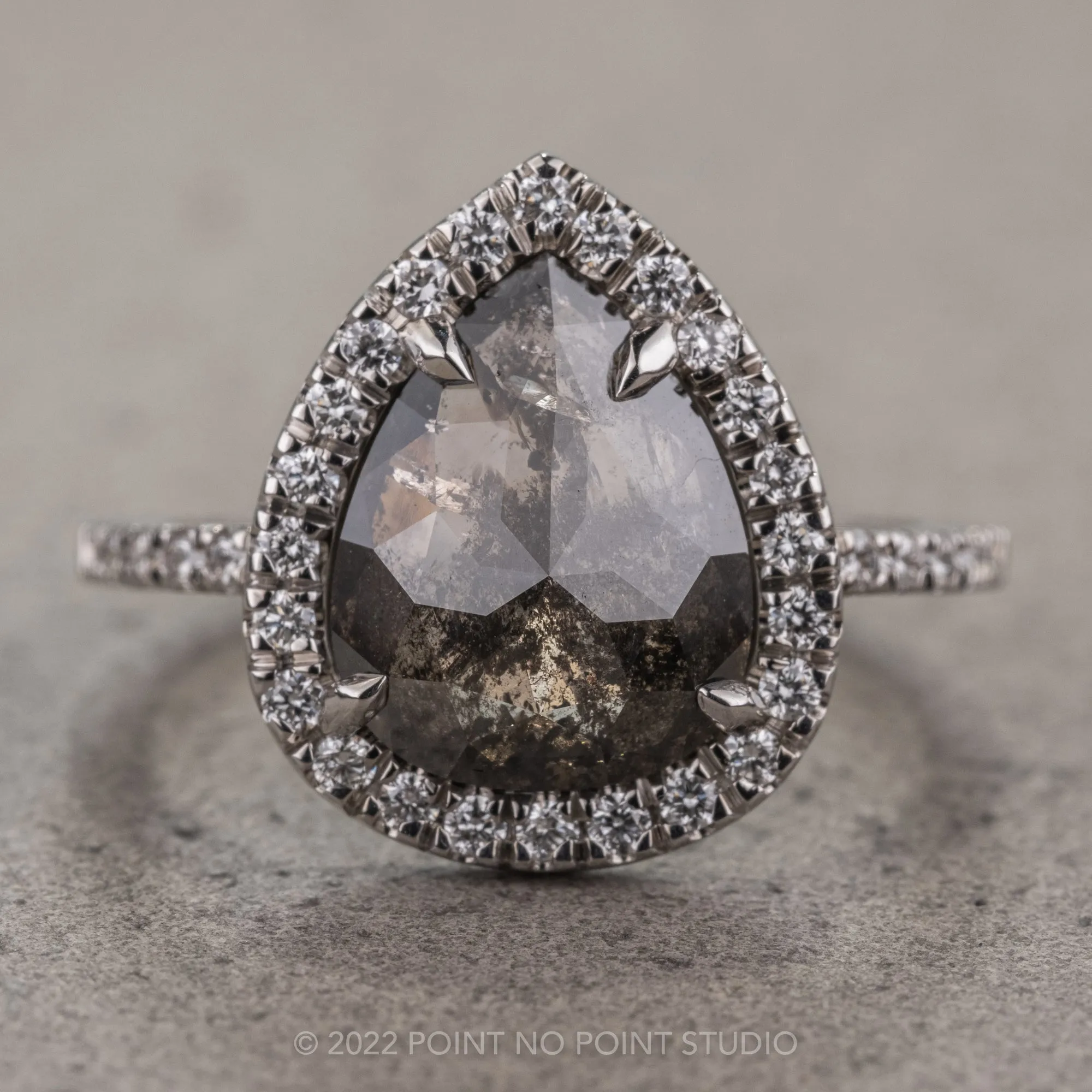3.20 Carat Black Speckled Pear Diamond Engagement Ring, Fiona Setting, 14K White Gold