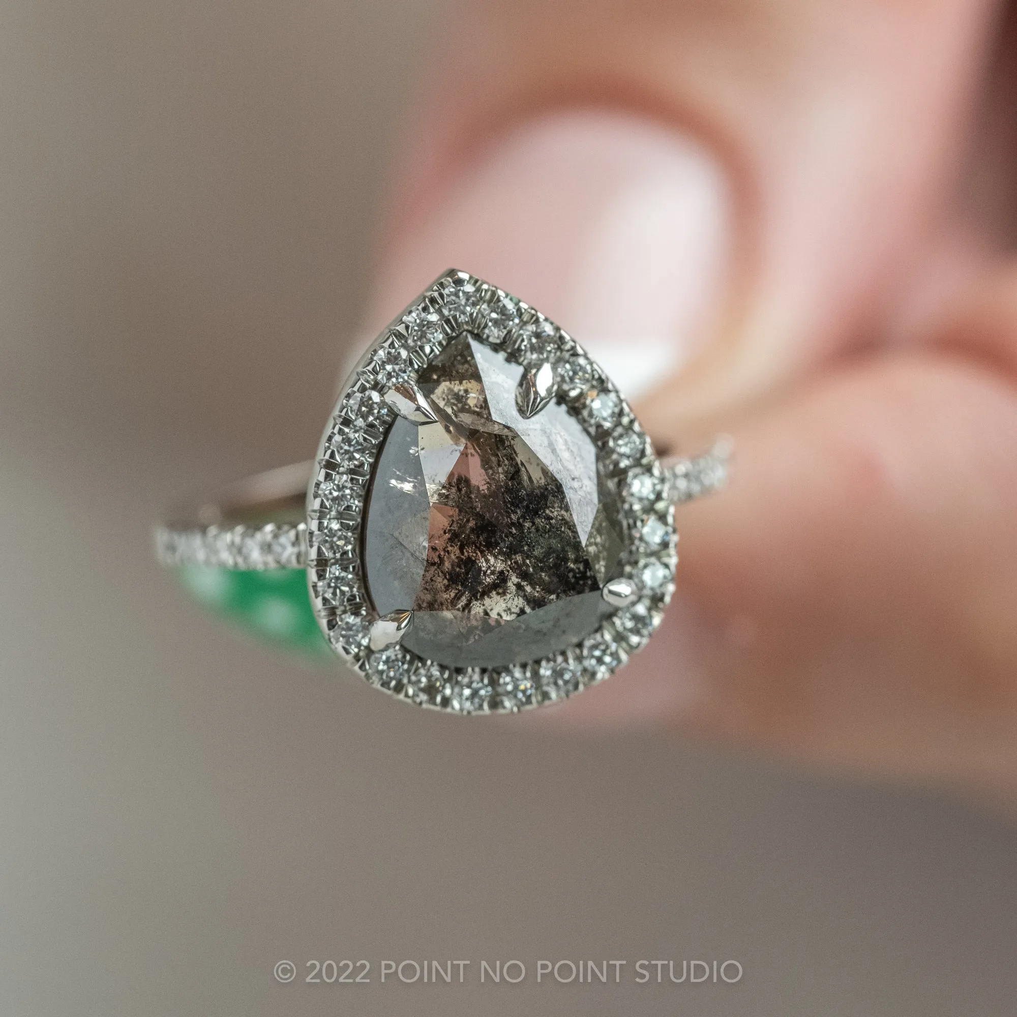 3.20 Carat Black Speckled Pear Diamond Engagement Ring, Fiona Setting, 14K White Gold