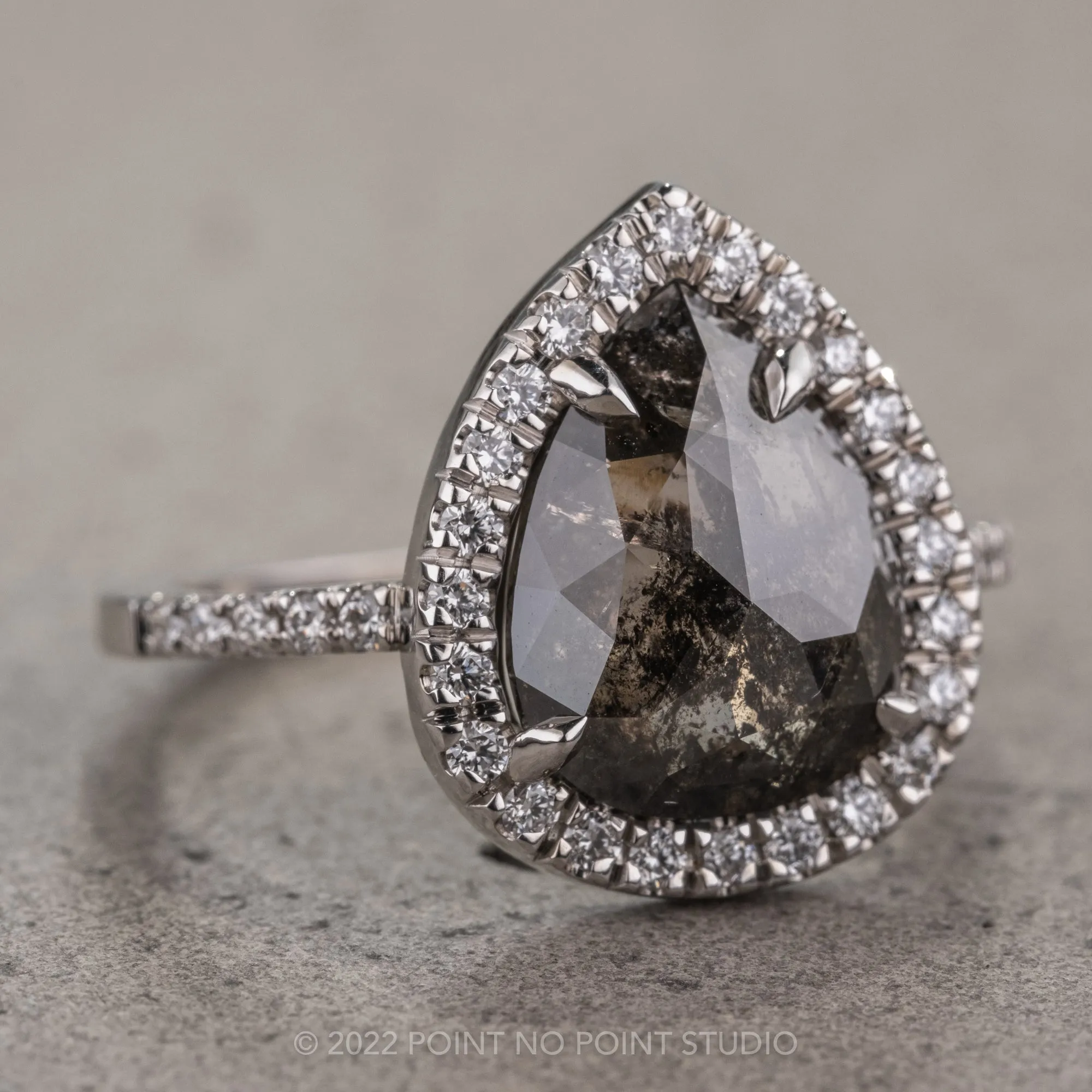 3.20 Carat Black Speckled Pear Diamond Engagement Ring, Fiona Setting, 14K White Gold