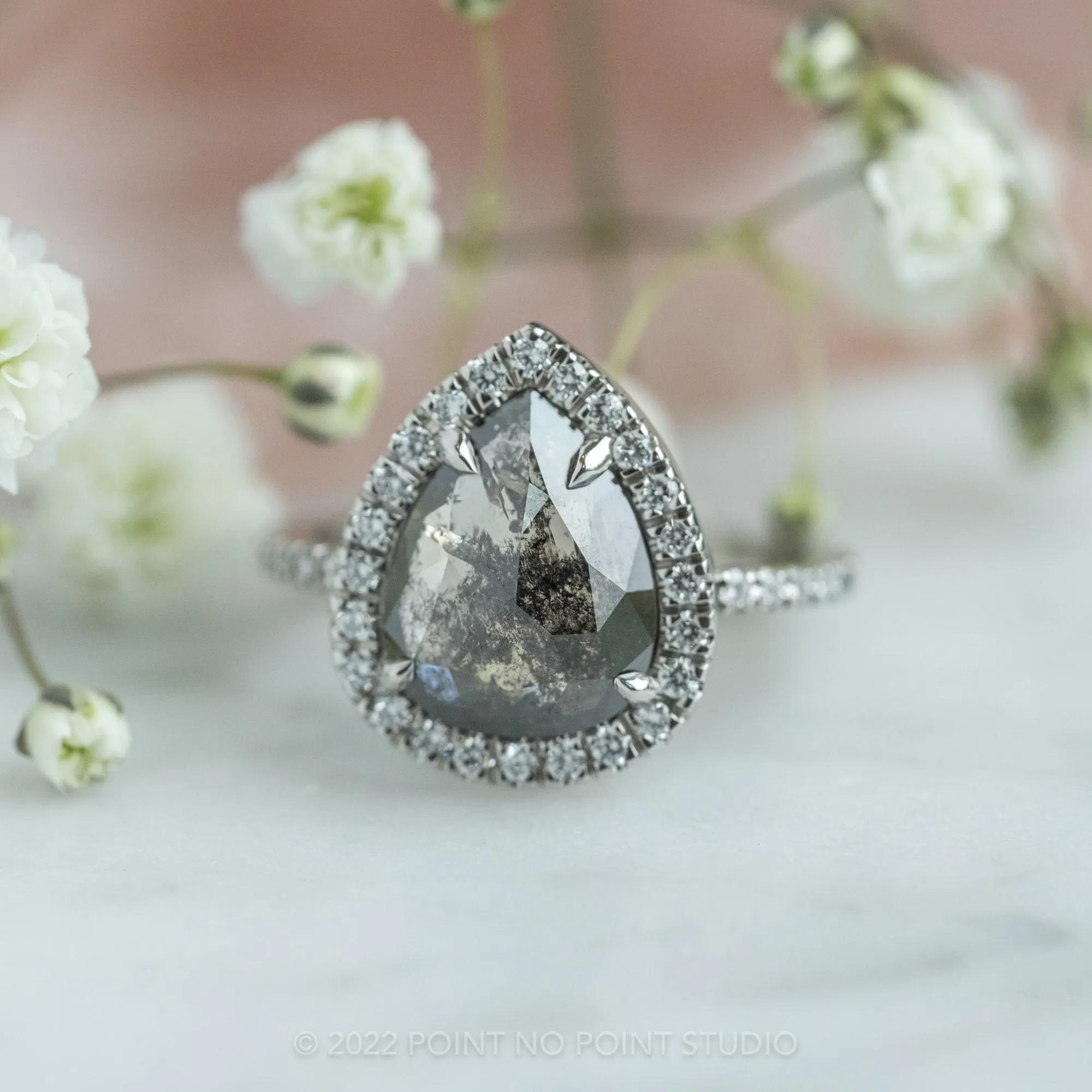 3.20 Carat Black Speckled Pear Diamond Engagement Ring, Fiona Setting, 14K White Gold