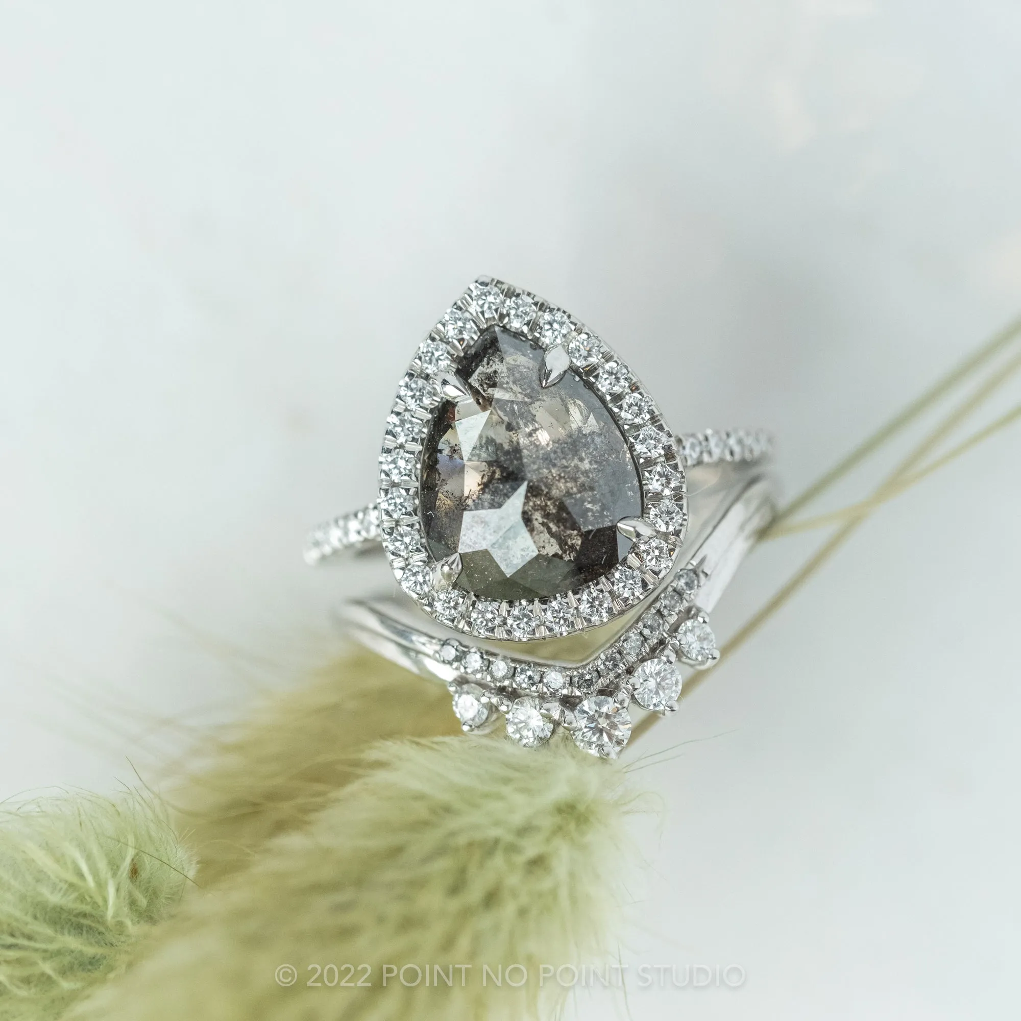 3.20 Carat Black Speckled Pear Diamond Engagement Ring, Fiona Setting, 14K White Gold