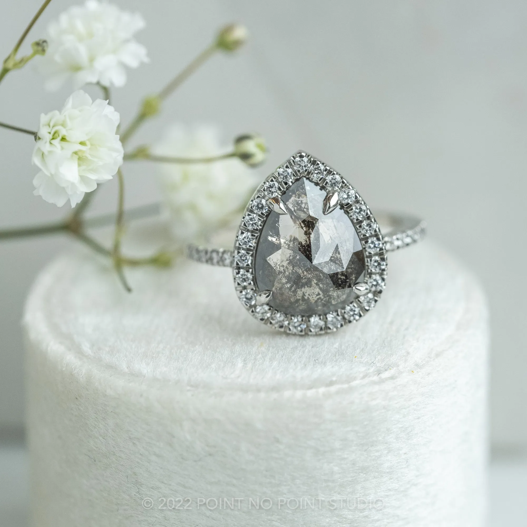 3.20 Carat Black Speckled Pear Diamond Engagement Ring, Fiona Setting, 14K White Gold