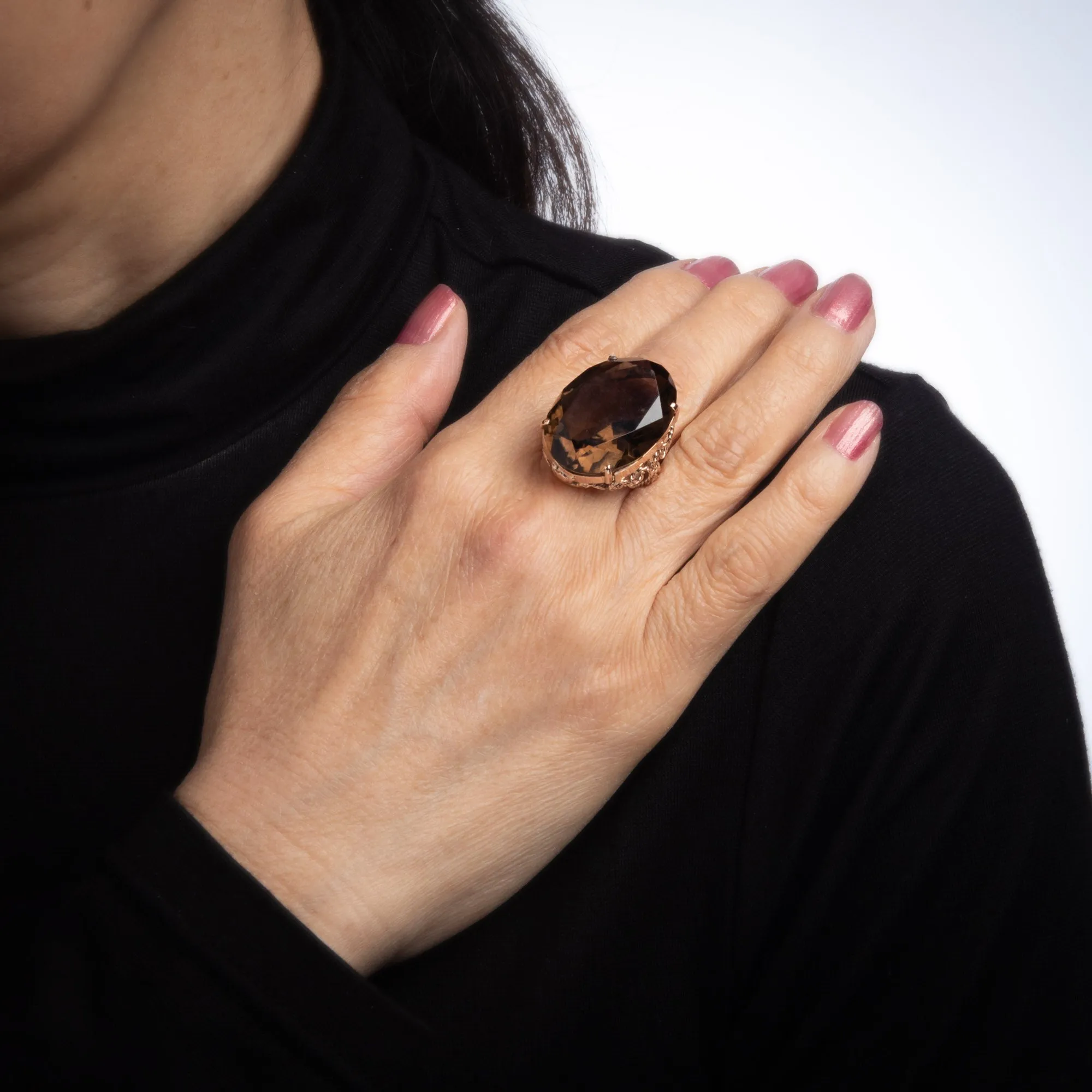 35ct Smoky Quartz Cocktail Ring Vintage 14k Rose Gold Large Oval Jewelry Sz 8