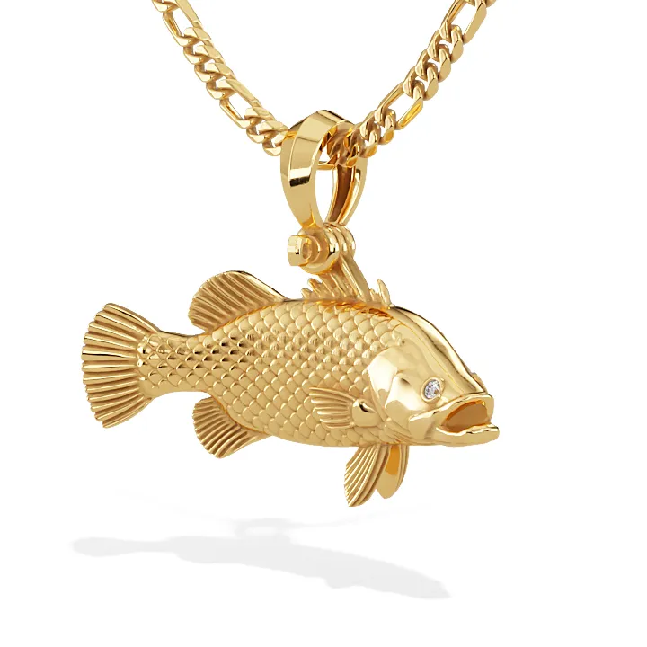 3D Barramundi Fish Pendant with Diamond Eyes in 14k Gold