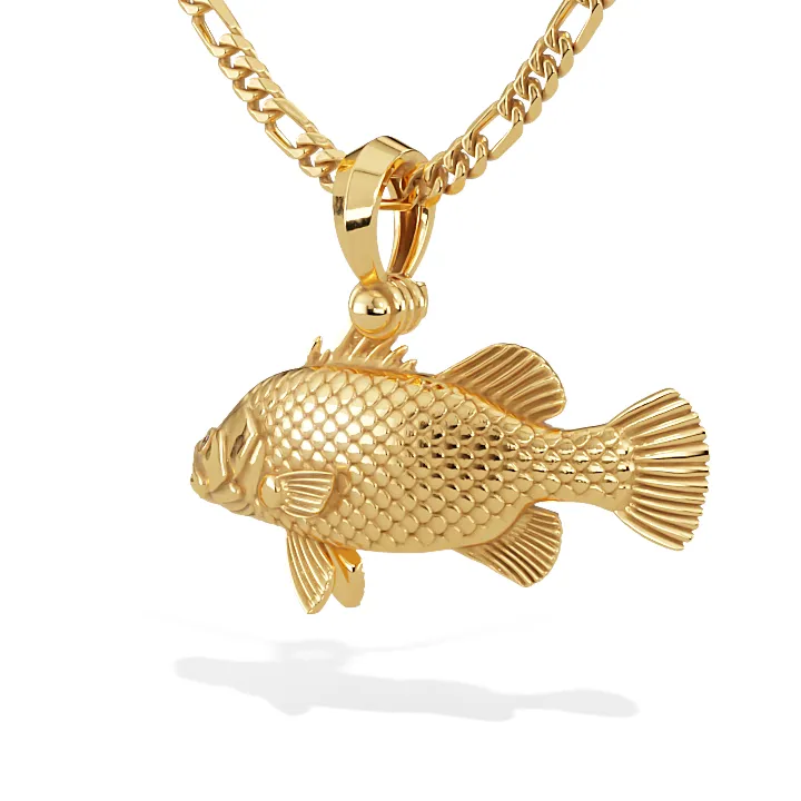 3D Barramundi Fish Pendant with Diamond Eyes in 14k Gold
