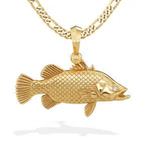 3D Barramundi Fish Pendant with Diamond Eyes in 14k Gold