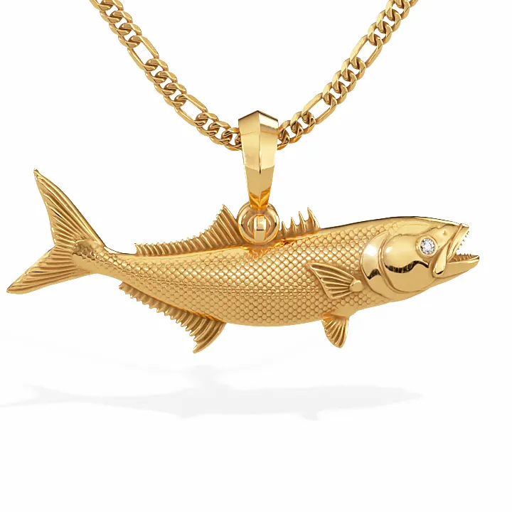 3D Bluefish Pendant with Diamond Eyes | 14k Gold