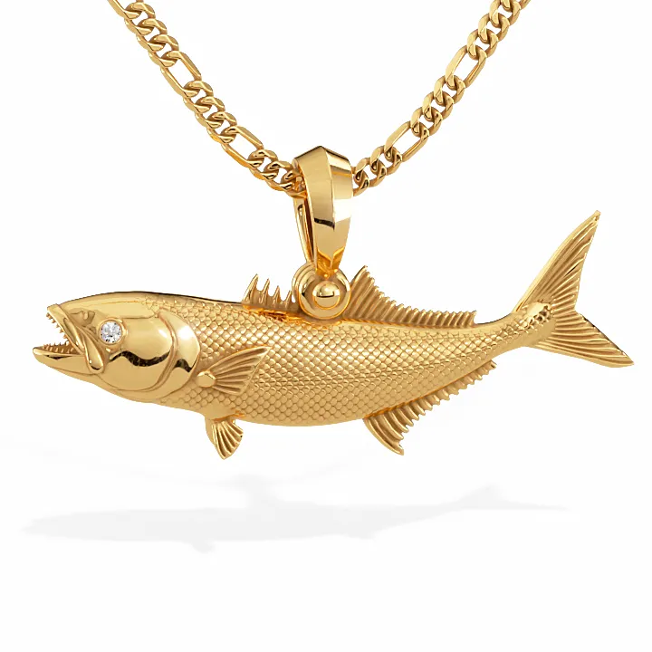 3D Bluefish Pendant with Diamond Eyes | 14k Gold
