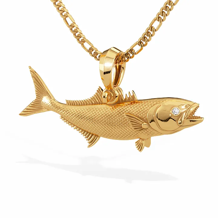 3D Bluefish Pendant with Diamond Eyes | 14k Gold