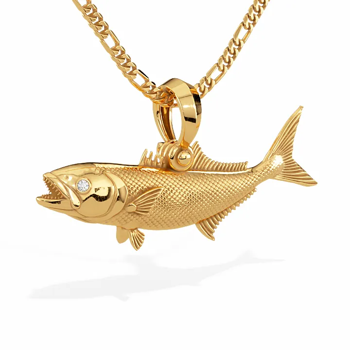 3D Bluefish Pendant with Diamond Eyes | 14k Gold