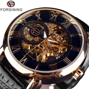 3D Logo Design Skeleton Mechanical Watch - Hollow Engraving Black Gold Case Leather Strap