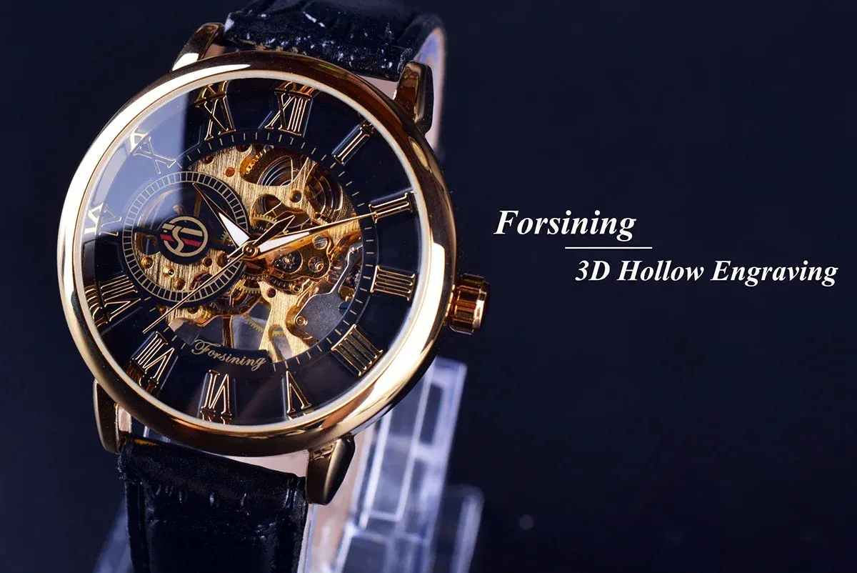 3D Logo Design Skeleton Mechanical Watch - Hollow Engraving Black Gold Case Leather Strap