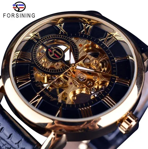 3D Logo Design Skeleton Mechanical Watch - Hollow Engraving Black Gold Case Leather Strap