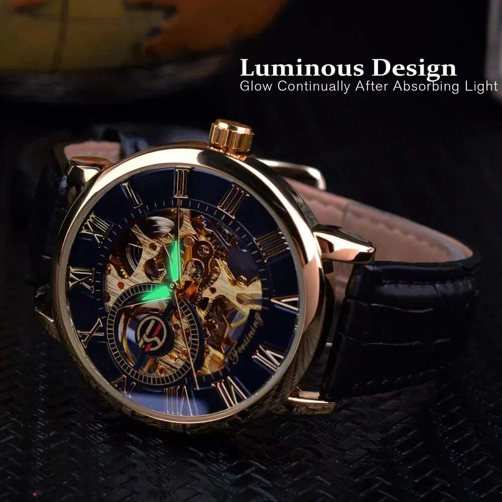 3D Logo Design Skeleton Mechanical Watch - Hollow Engraving Black Gold Case Leather Strap