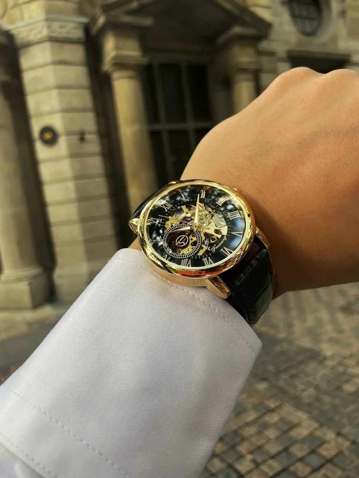 3D Logo Design Skeleton Mechanical Watch - Hollow Engraving Black Gold Case Leather Strap