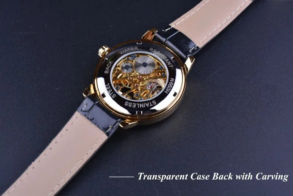 3D Logo Design Skeleton Mechanical Watch - Hollow Engraving Black Gold Case Leather Strap