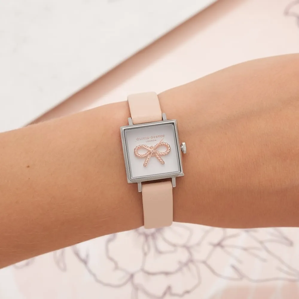 3D Vintage Bow Midi Square Dial Nude Peach Rose Gold and Silver Watch