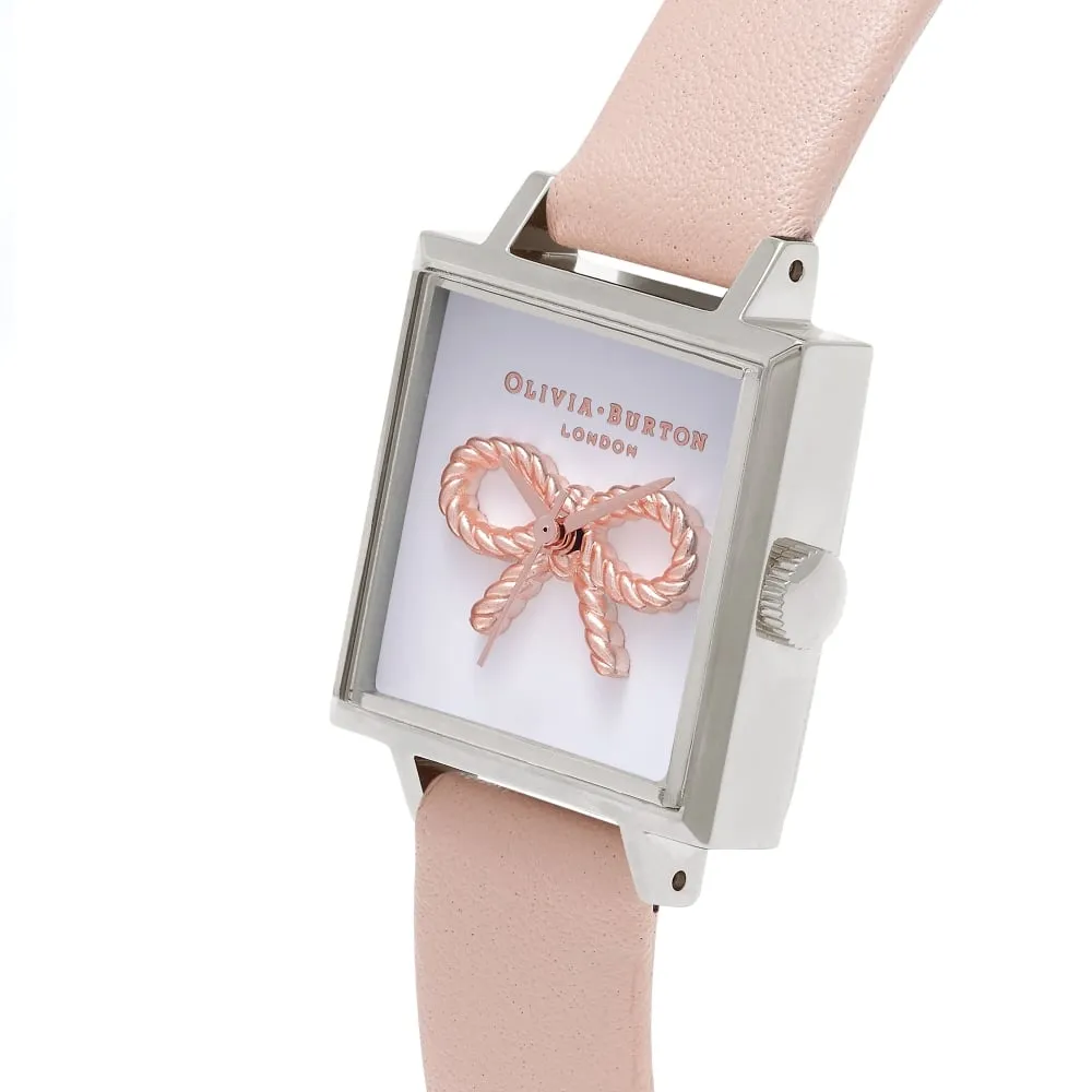 3D Vintage Bow Midi Square Dial Nude Peach Rose Gold and Silver Watch