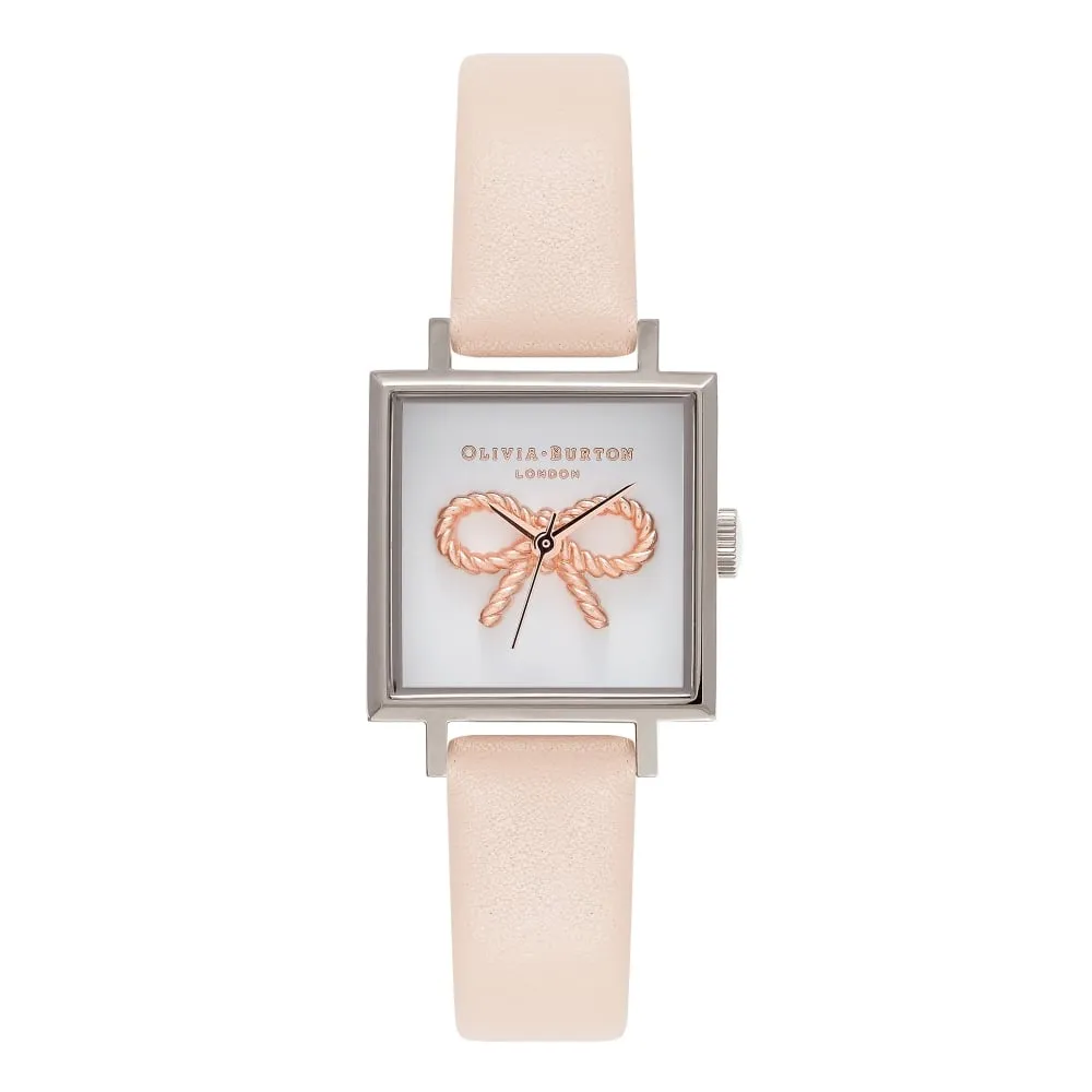 3D Vintage Bow Midi Square Dial Nude Peach Rose Gold and Silver Watch