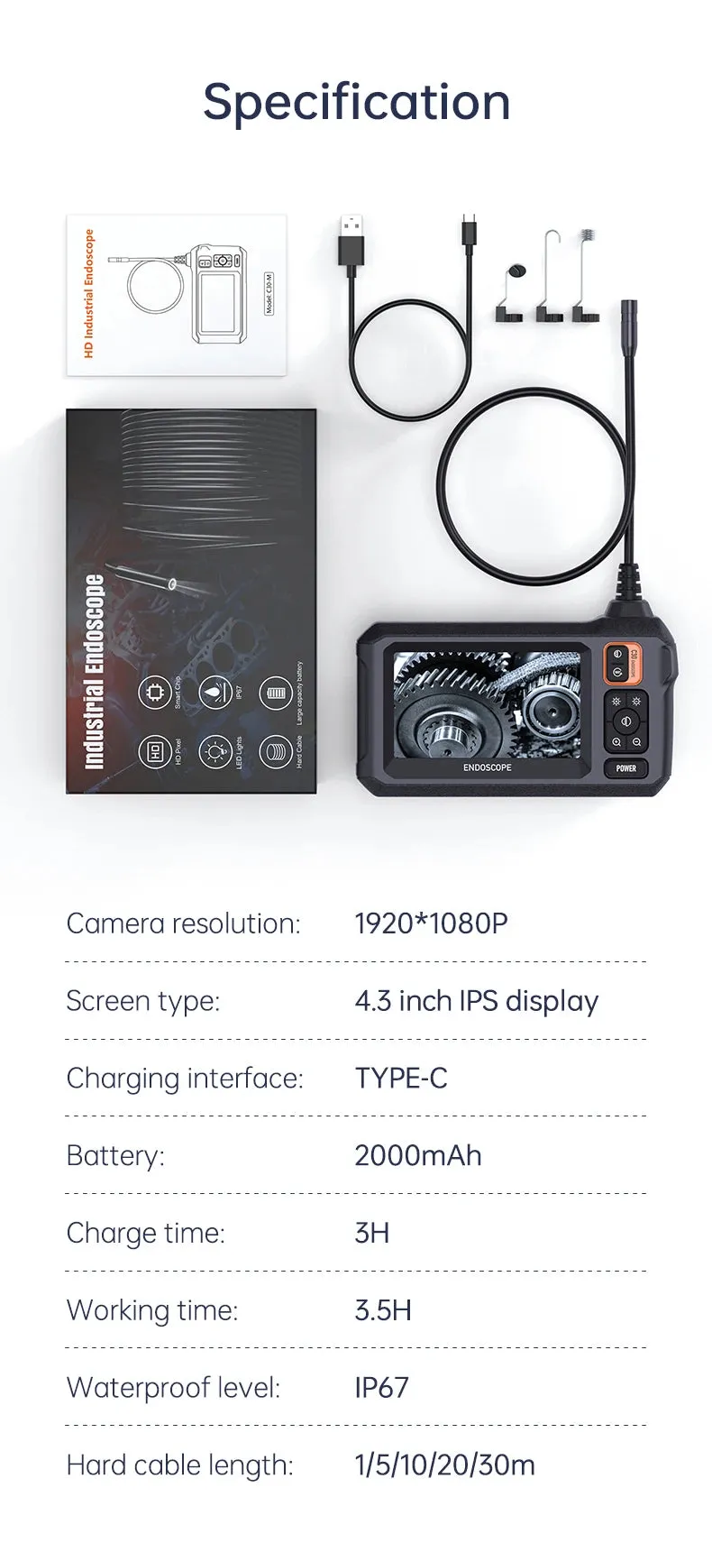 4.3 Inch Endoscope Camera HD 1080P 4.3 "Single Dual Lens 8MM Car Inspection Borescope IP67 Waterproof Sewer Camera with 8 leds