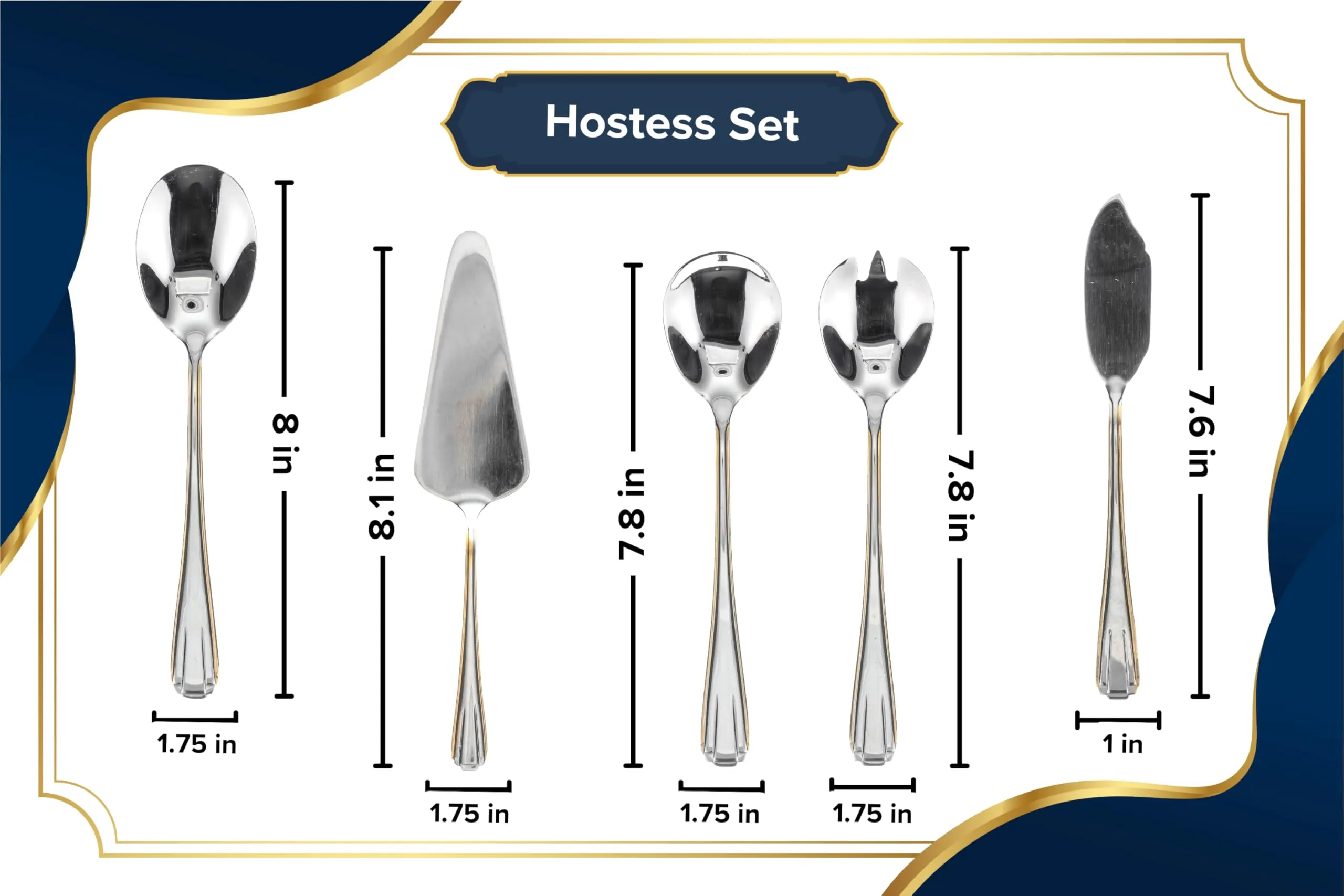 5 Piece Hostess Set - Serving Utensil Set - 18/10 Stainless Steel Silverware - Luxurious Handle with Gold Detailing - Elegant Silver and Gold Flatware Hostess Serveware (Verona)