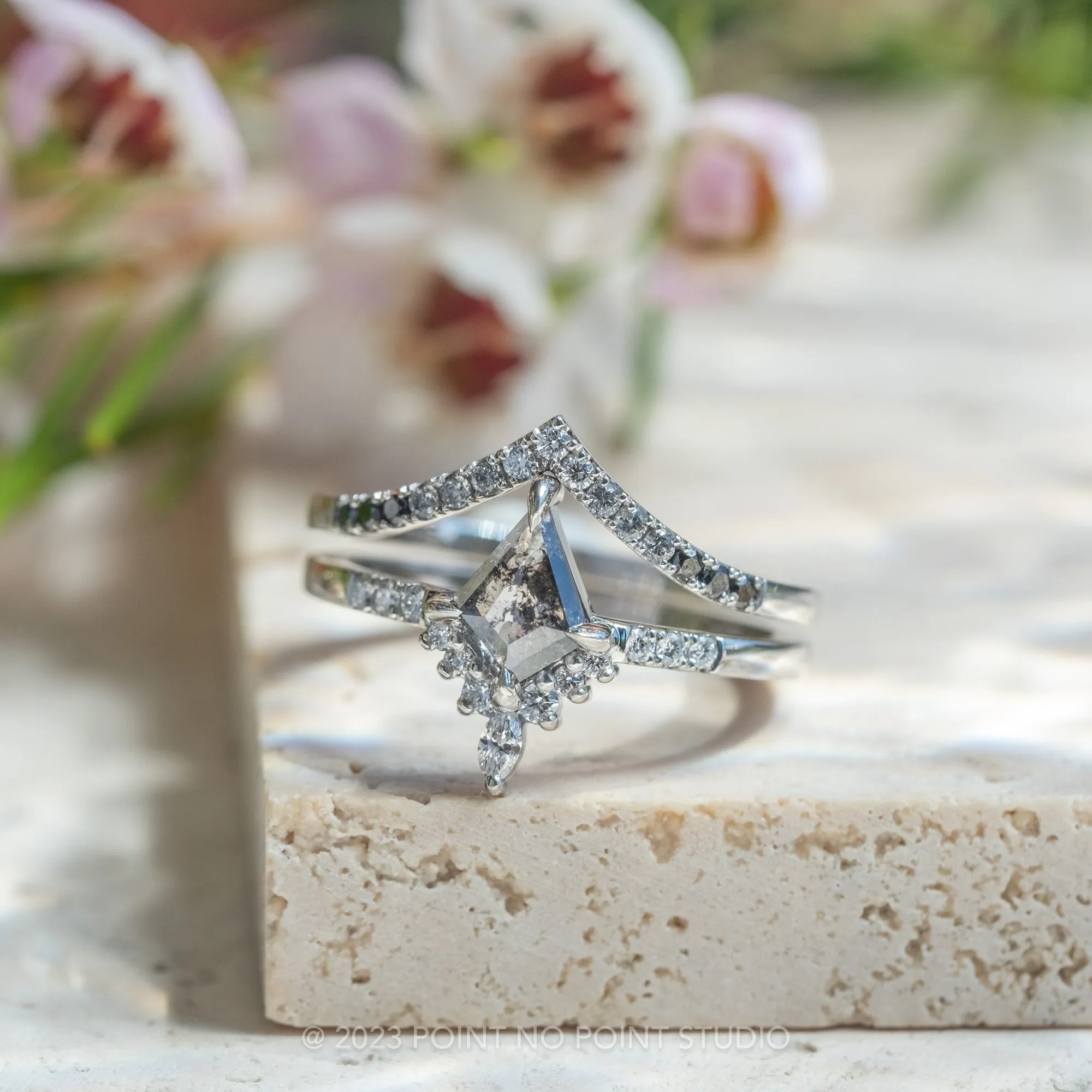 .61 Carat Salt and Pepper Kite Diamond Engagement Ring, Avaline Setting, Platinum