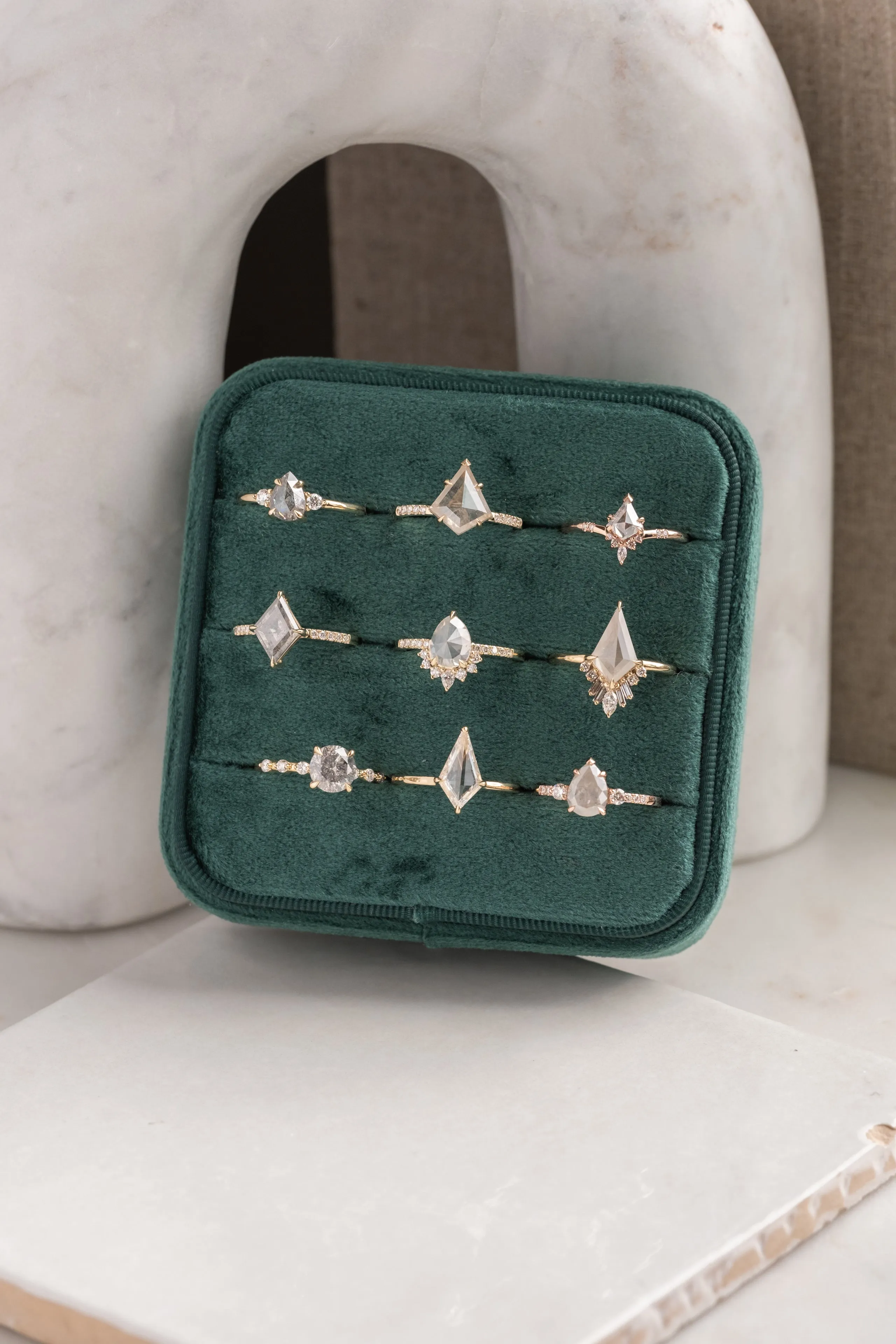 .64 Carat Icy Salt and Pepper Kite Diamond Engagement Ring, Flora Setting, 14k Rose Gold