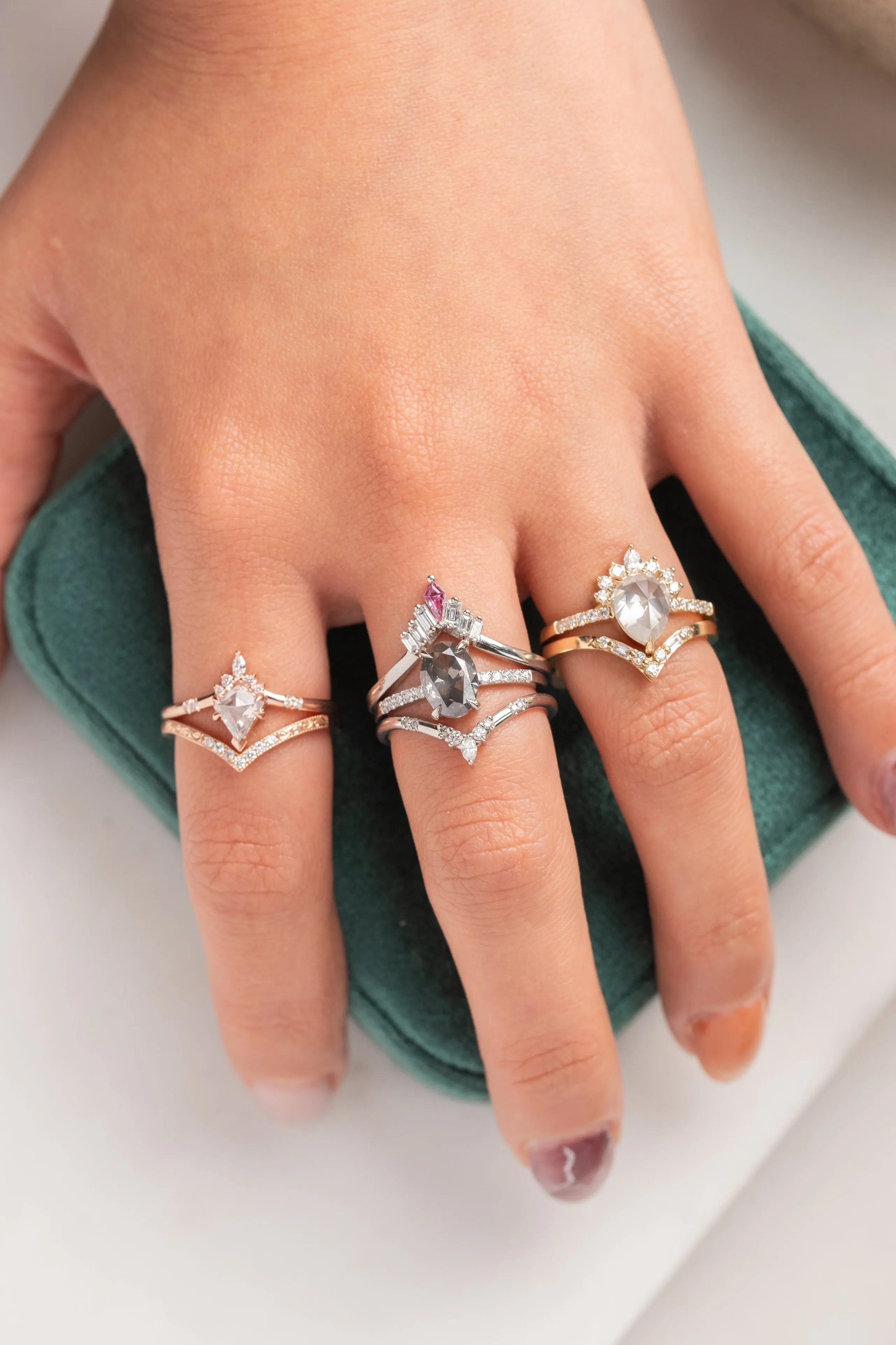 .64 Carat Icy Salt and Pepper Kite Diamond Engagement Ring, Flora Setting, 14k Rose Gold