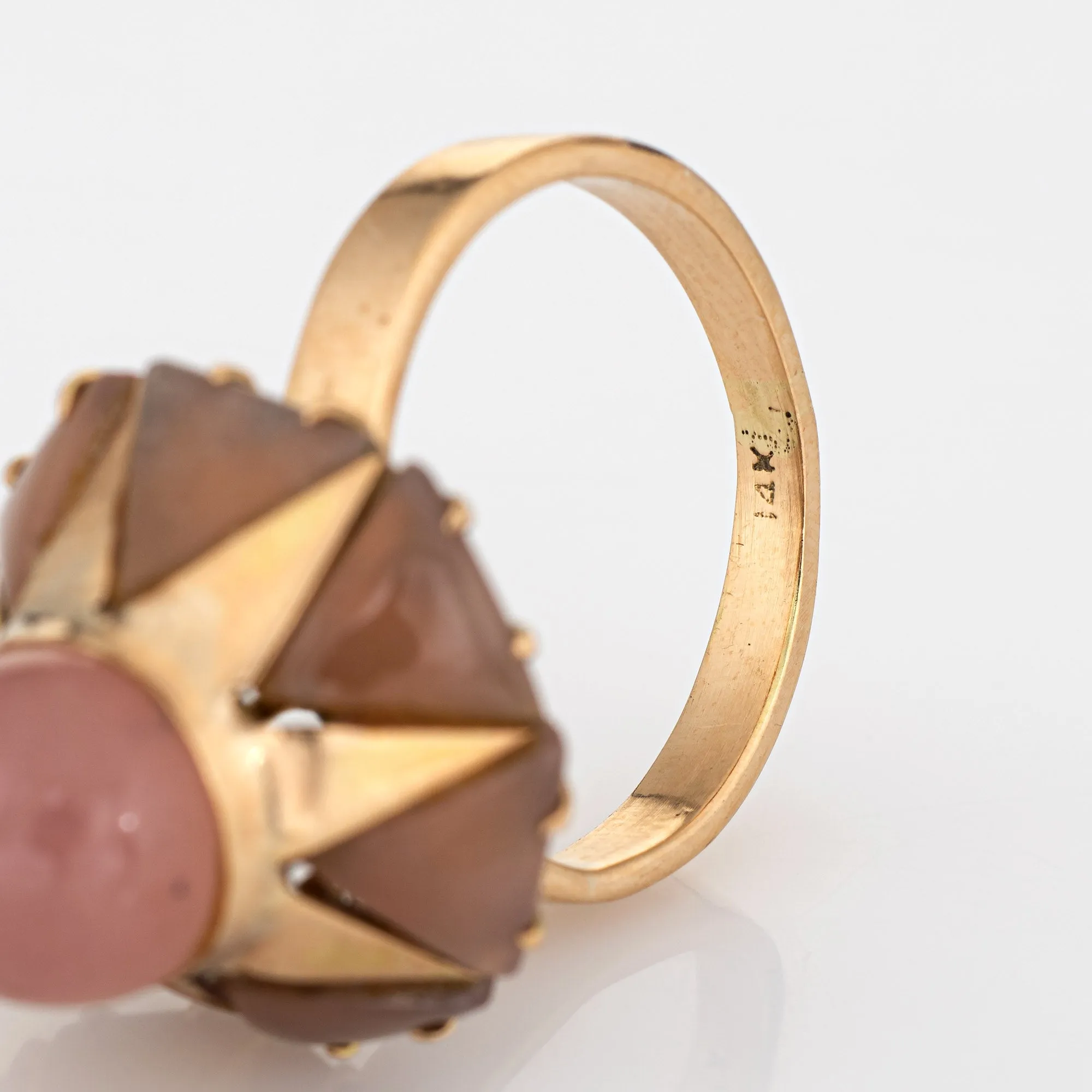 70s Rose Quartz Harlequin Ring Vintage 14k Yellow Gold Cocktail Jewelry Sz 6.5