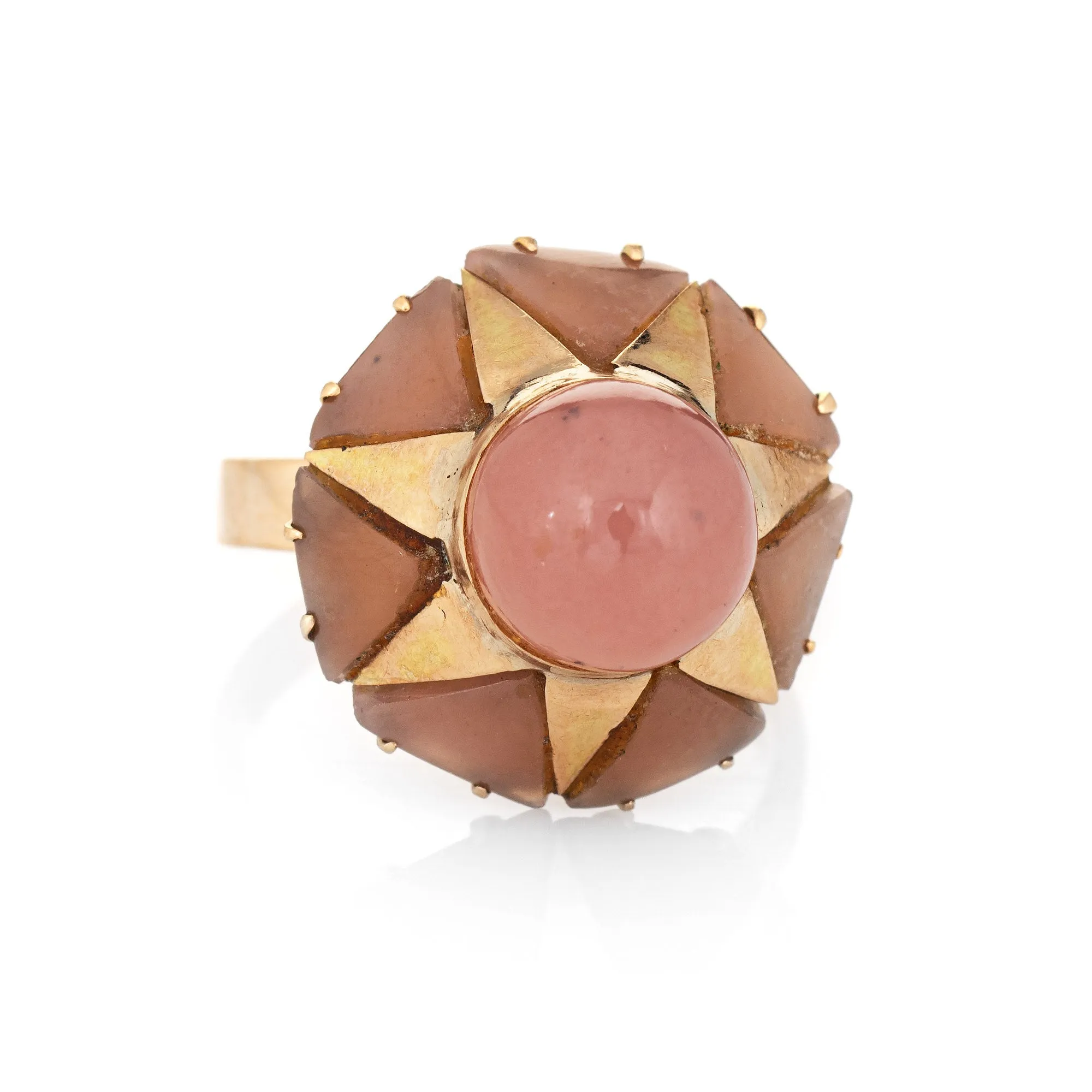 70s Rose Quartz Harlequin Ring Vintage 14k Yellow Gold Cocktail Jewelry Sz 6.5