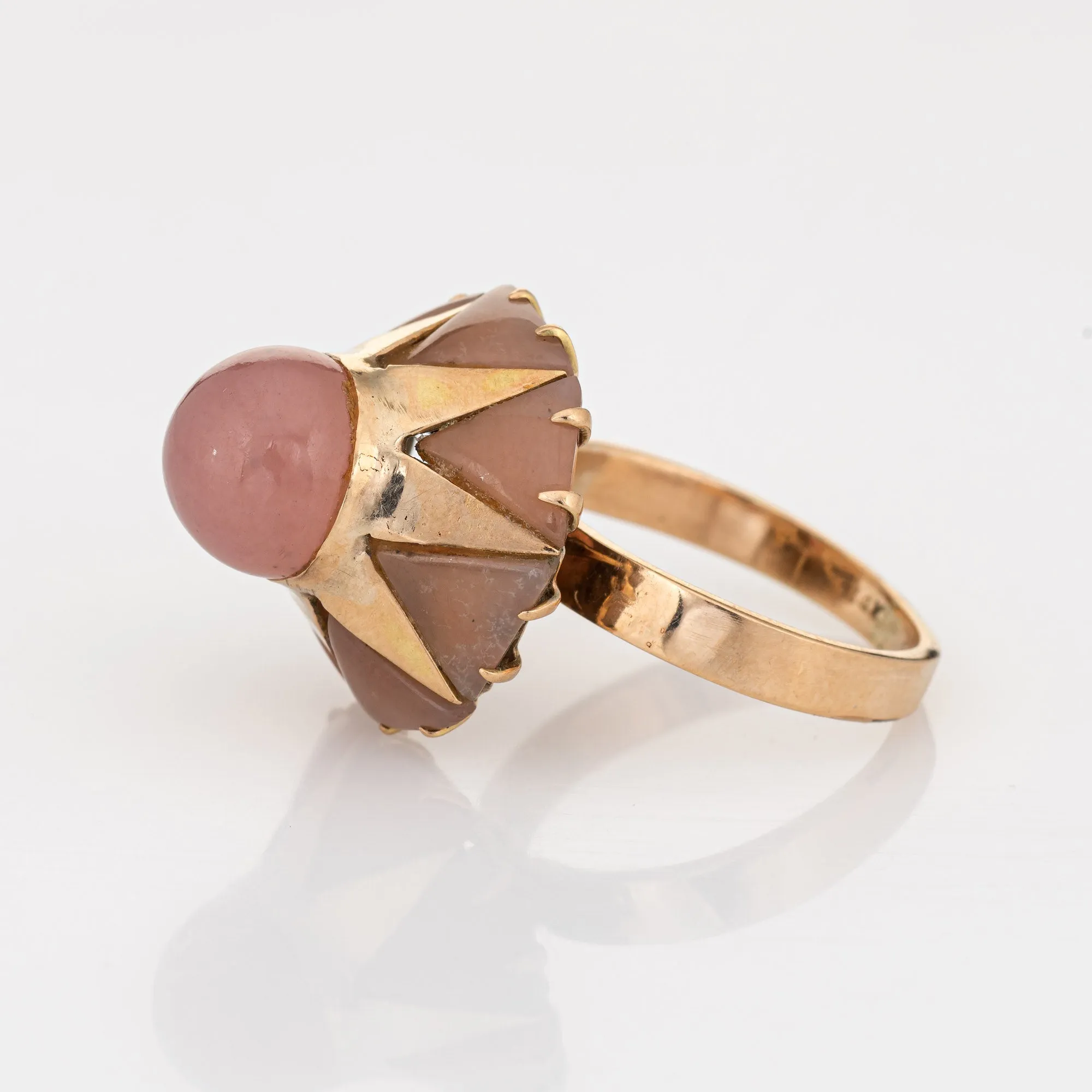 70s Rose Quartz Harlequin Ring Vintage 14k Yellow Gold Cocktail Jewelry Sz 6.5